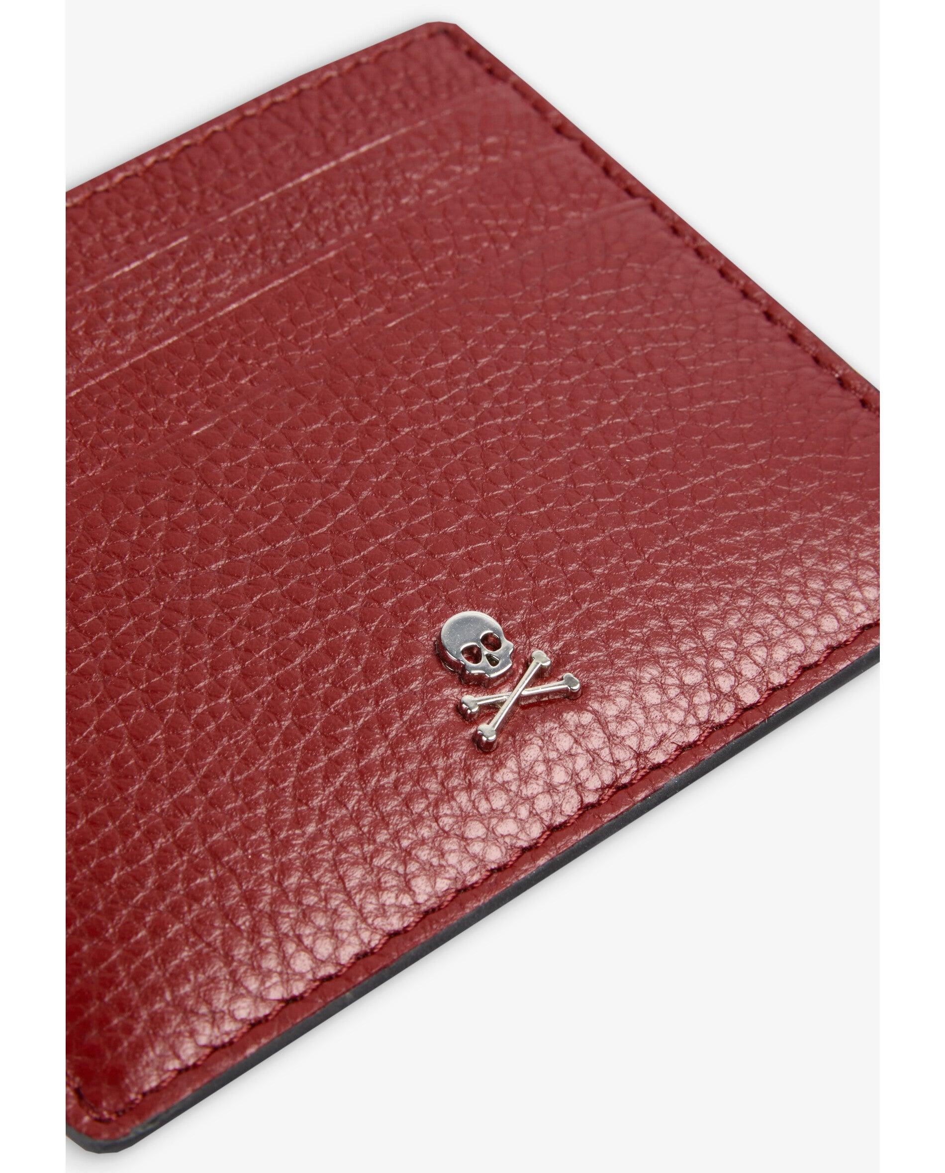 Porta-cartões de Pele com Caveira Metálica Vermelho-4