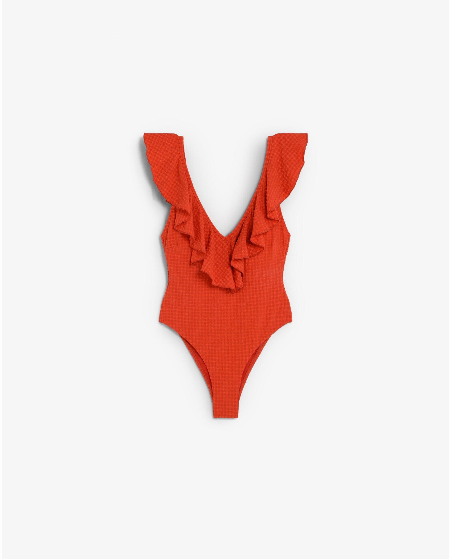 Fato de Banho em Tecido Texturizado Aos Quadrados Vichy e Folhos Vermelho-5
