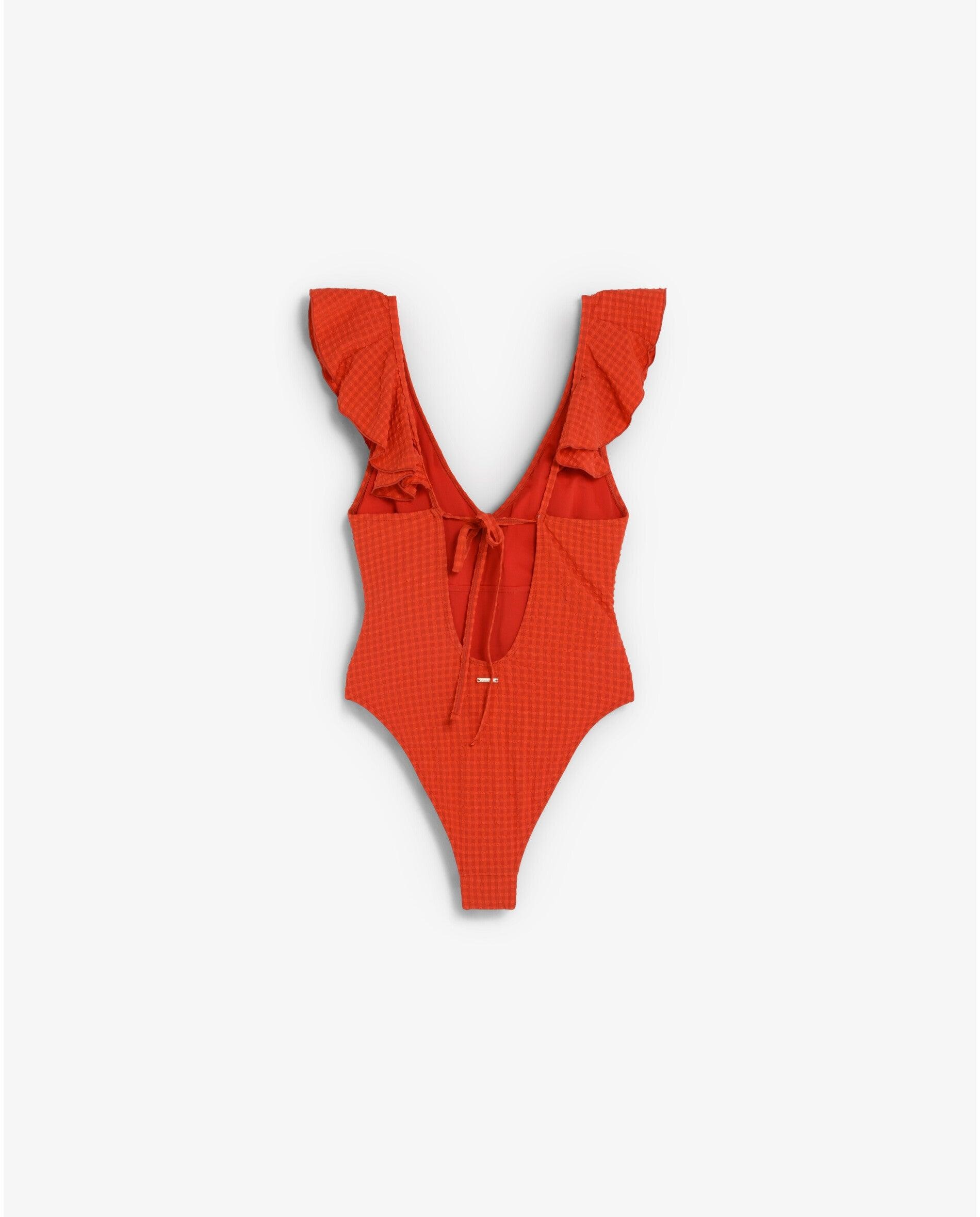 Fato de Banho em Tecido Texturizado Aos Quadrados Vichy e Folhos Vermelho-6