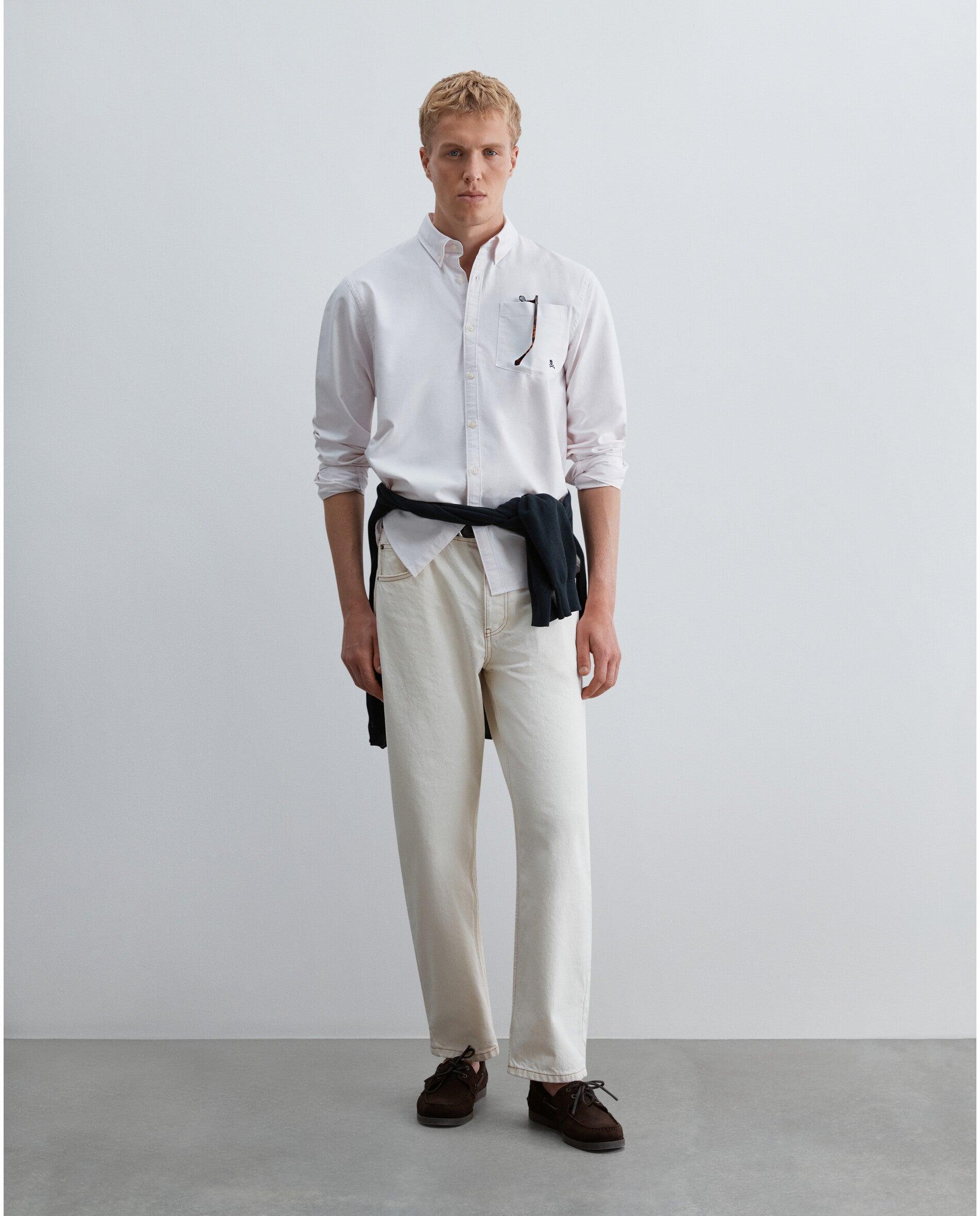Camisa Oxford Às Riscas com Bolso no Peito Rosa-claro-3