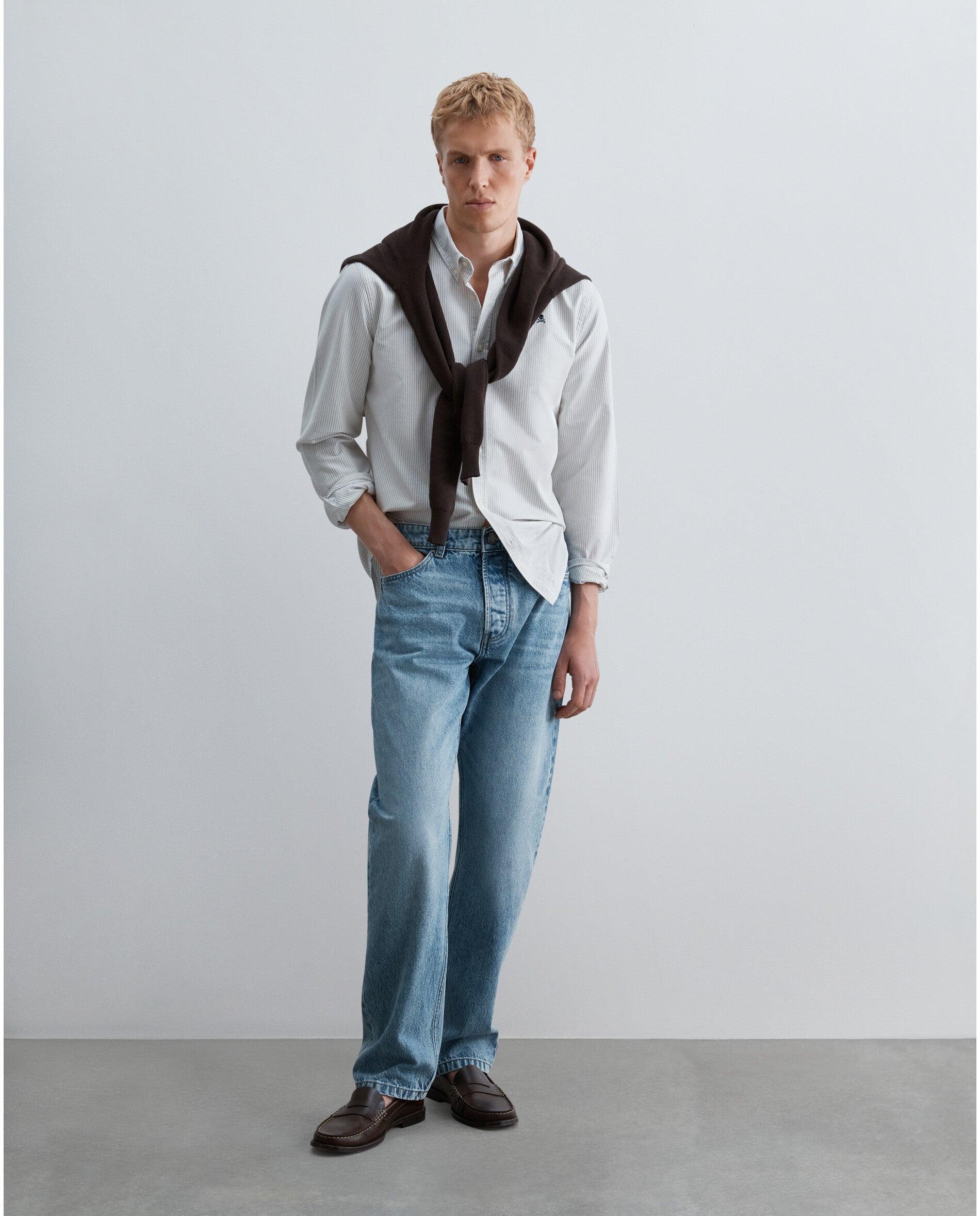 Camisa Oxford Regular Fit Às Riscas Taupe-3