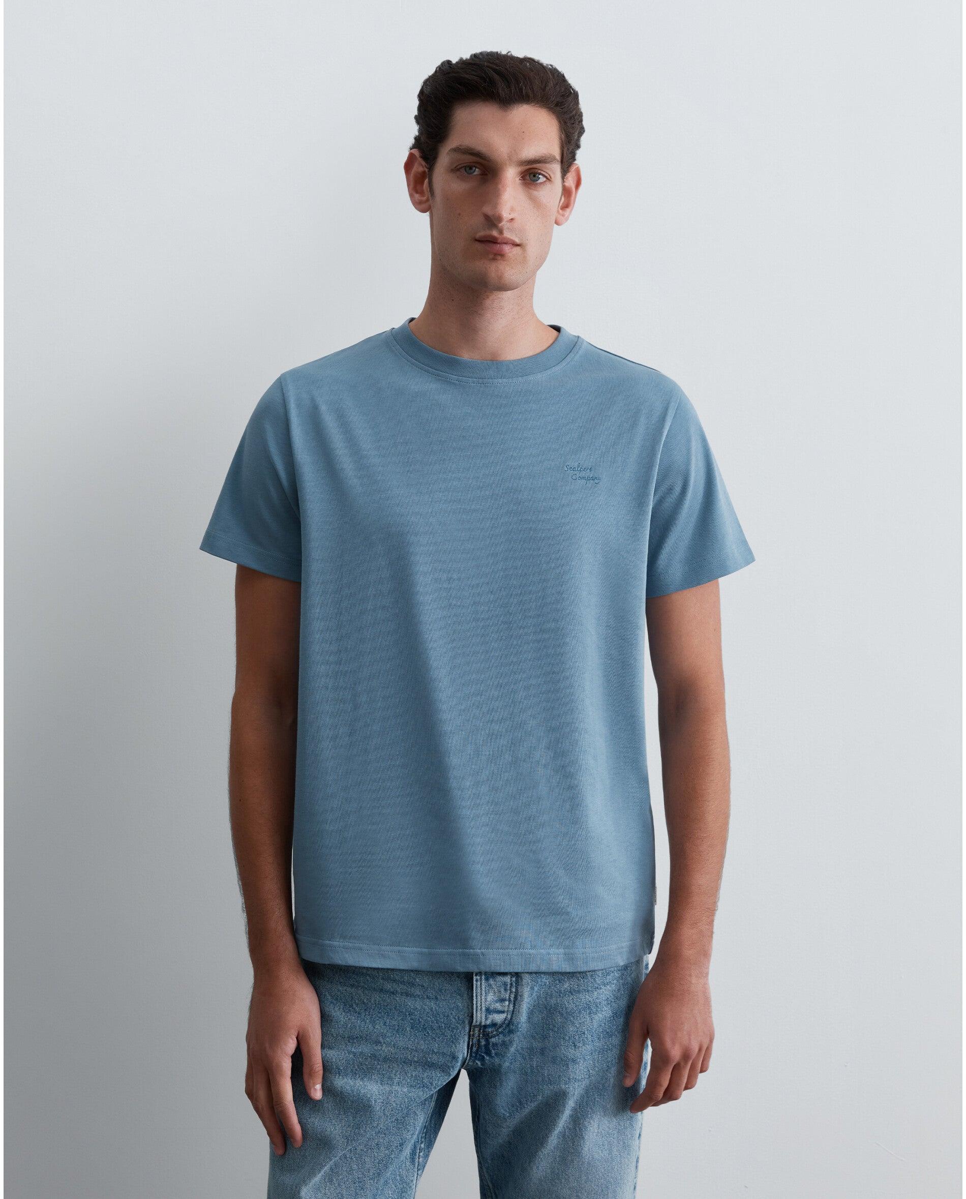 T-shirt de Manga Curta Regular Fit com Caveira Bordada em Contraste Azul-1