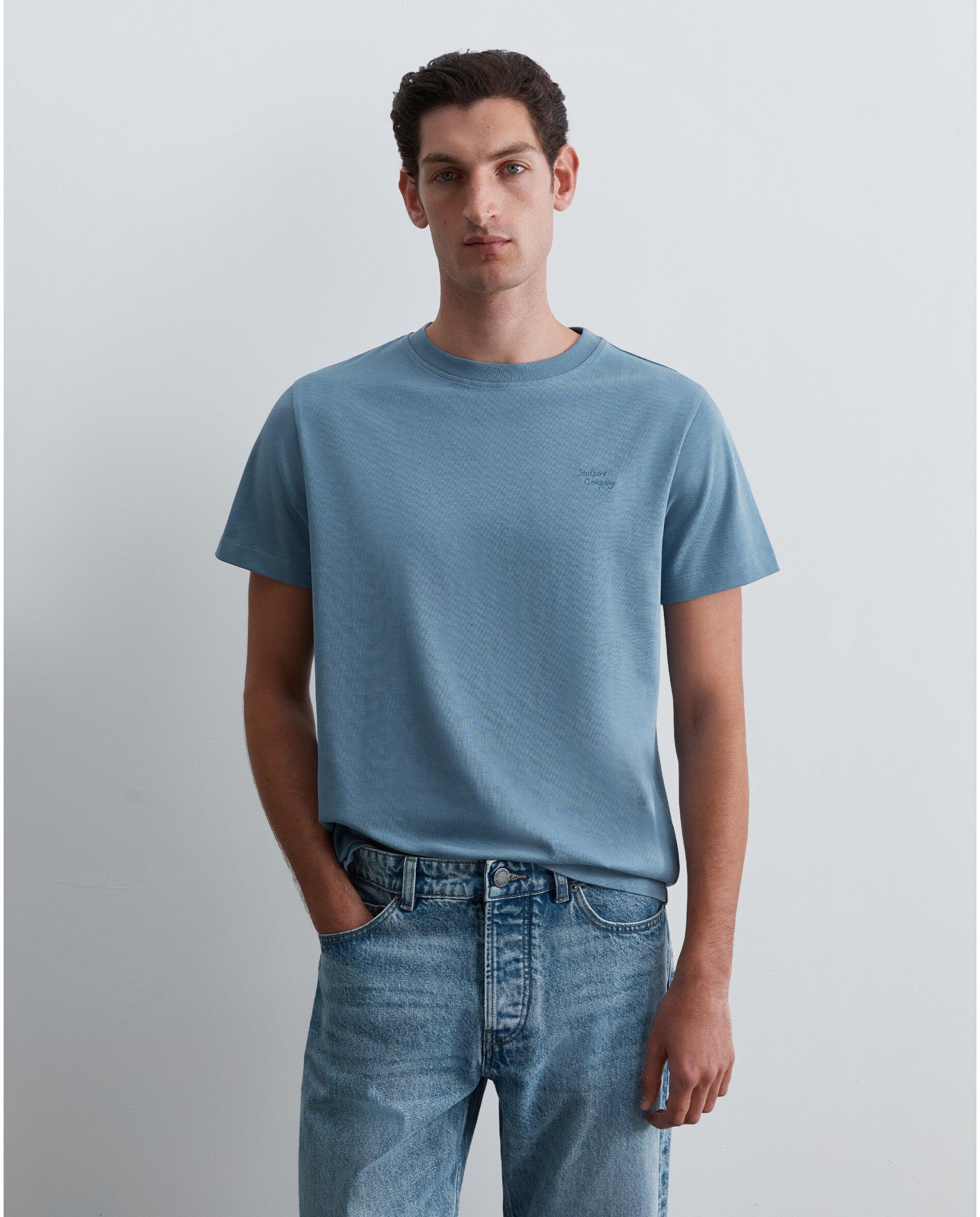 T-shirt de Manga Curta Regular Fit com Caveira Bordada em Contraste Azul-3