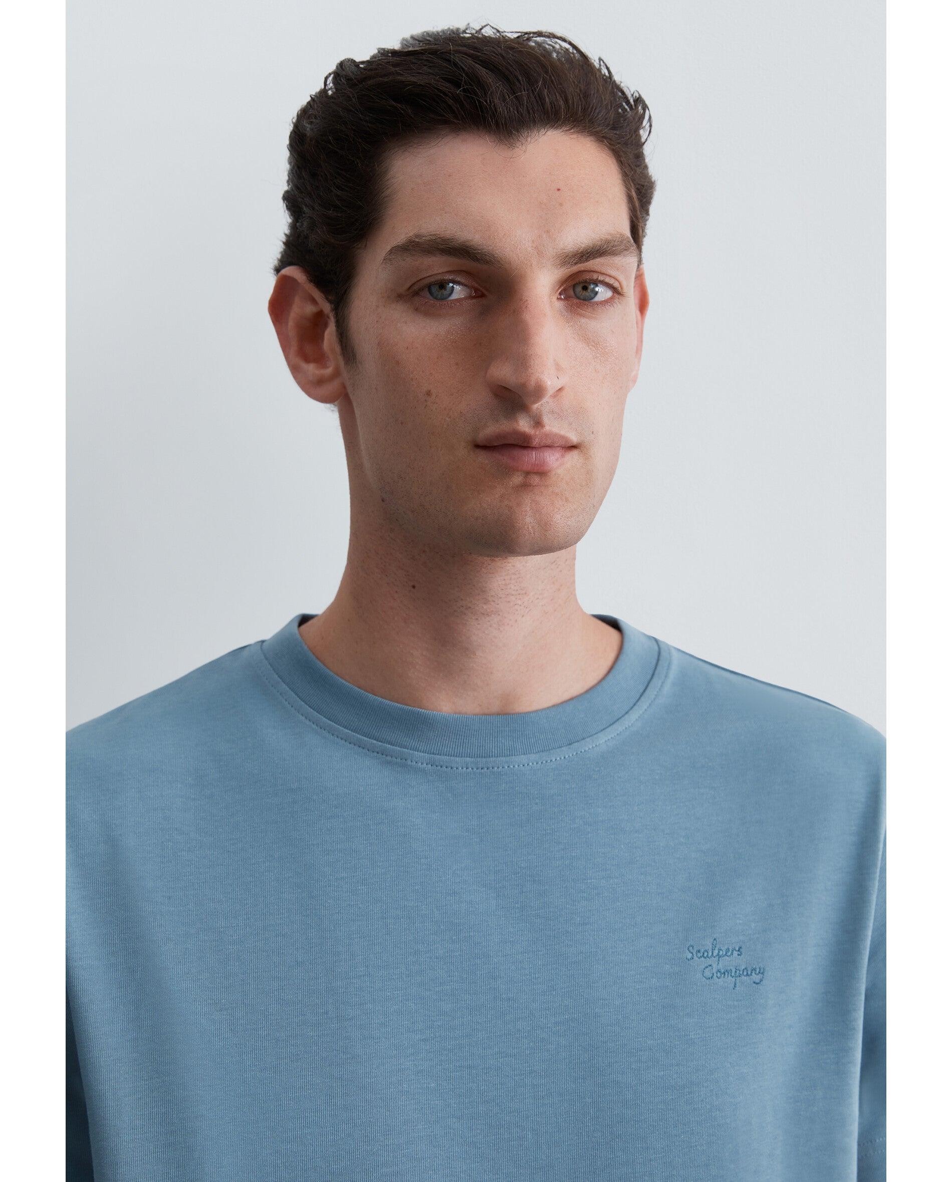 T-shirt de Manga Curta Regular Fit com Caveira Bordada em Contraste Azul-5