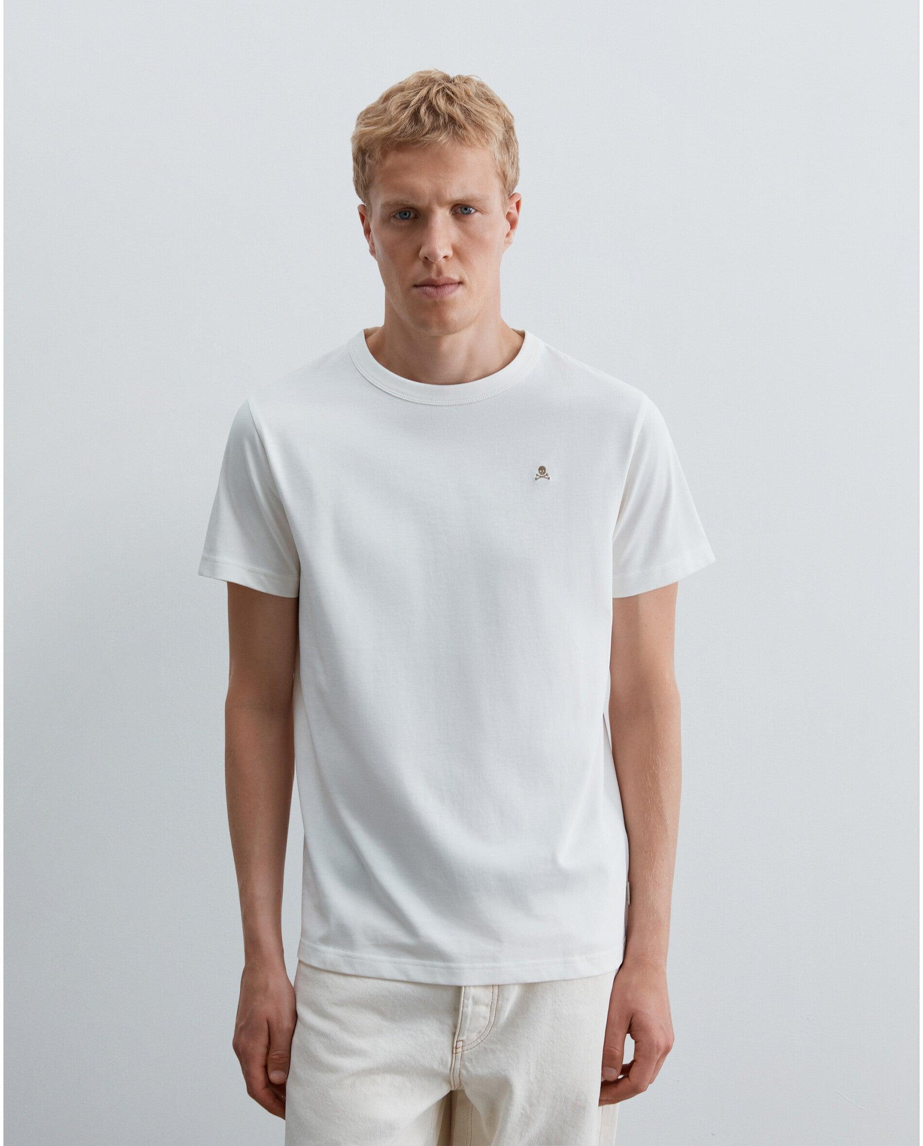T-shirt de Manga Curta Regular Fit com Caveira Bordada em Contraste Branco-1