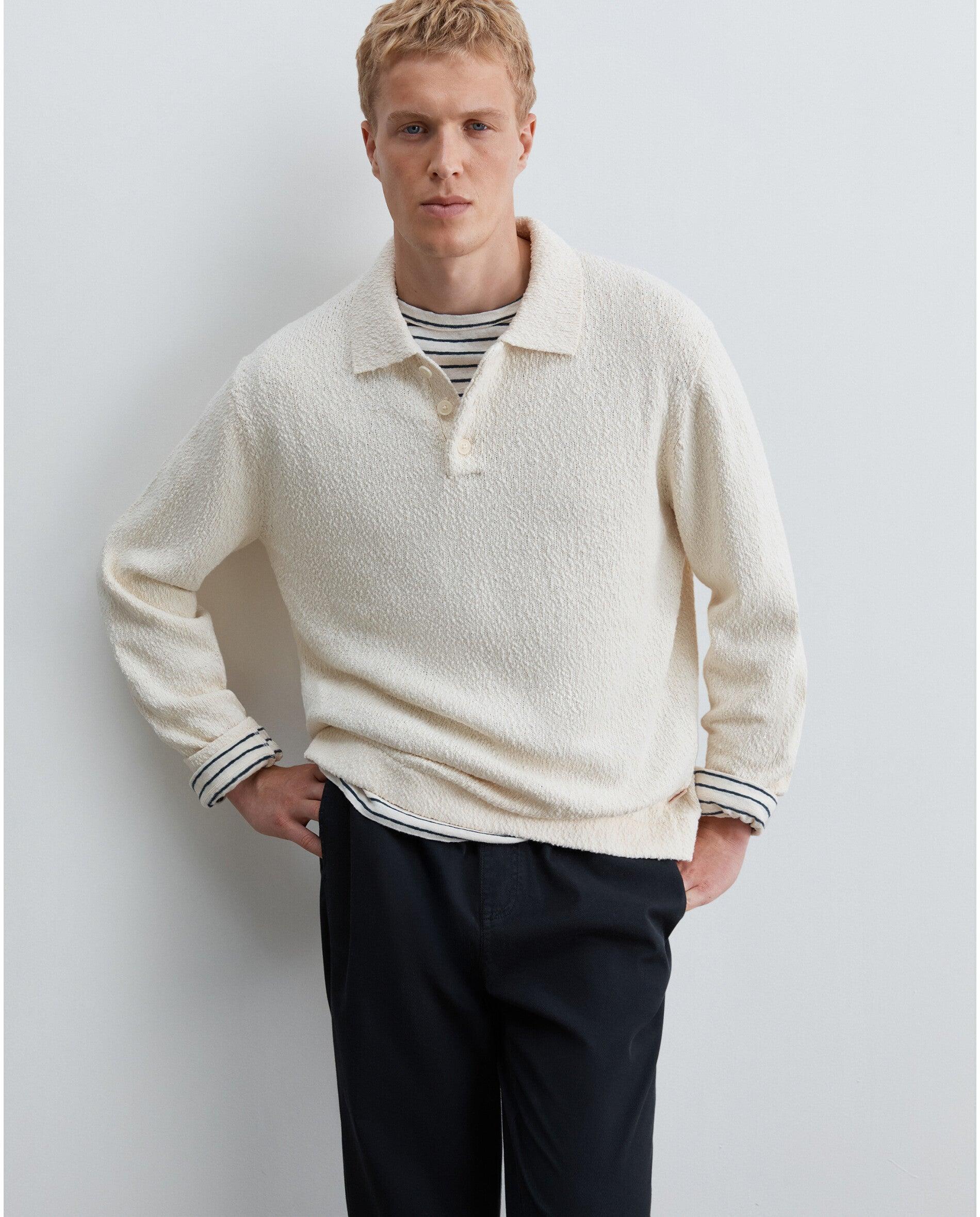 Camisola com Gola Tipo Polo e Aba de Botões Creme-4