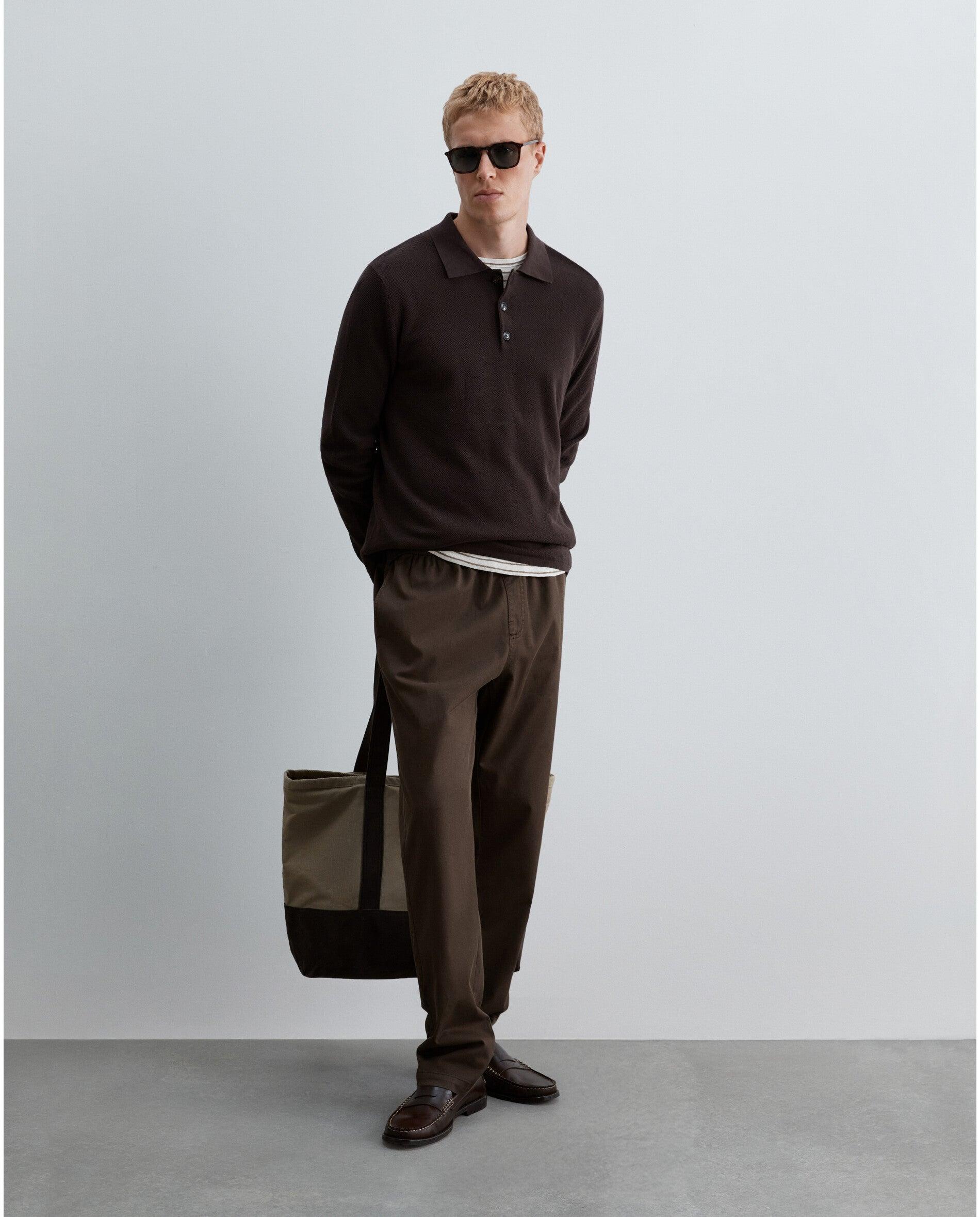 Camisola em Textura Piqué com Gola Polo Castanho-3
