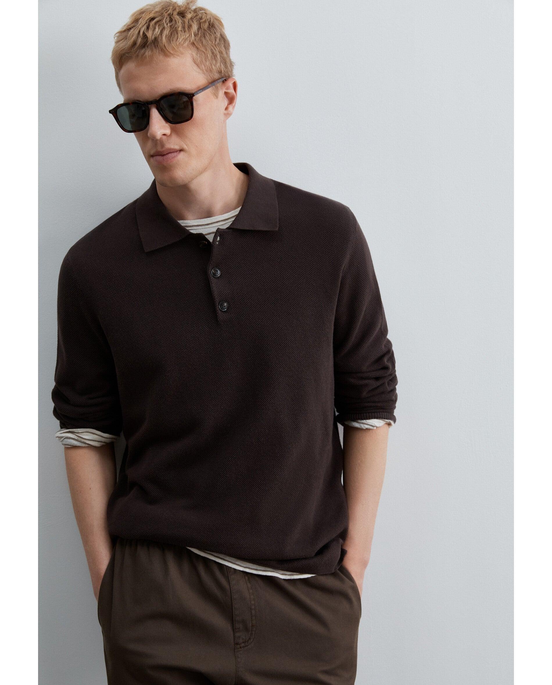 Camisola em Textura Piqué com Gola Polo Castanho-4