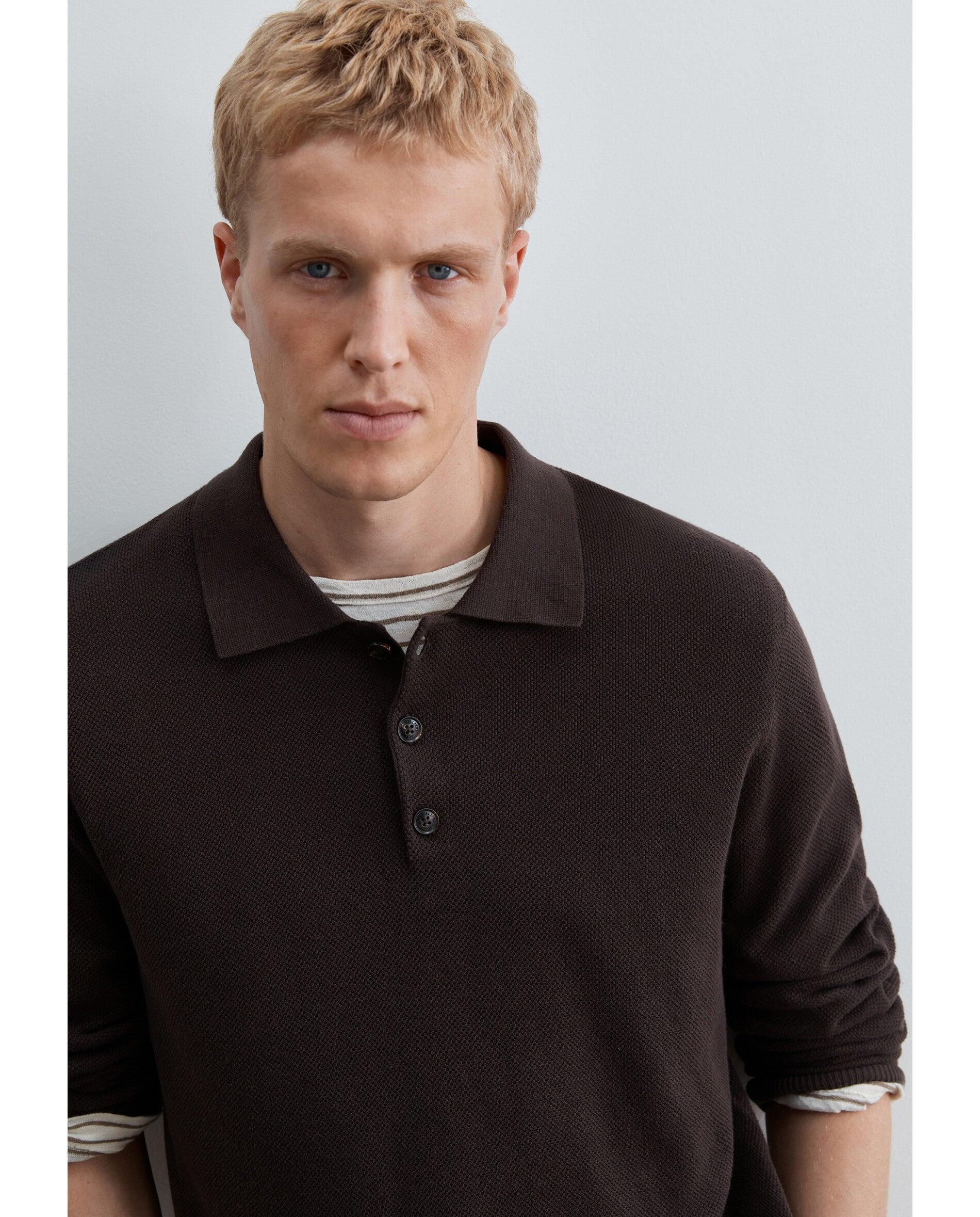 Camisola em Textura Piqué com Gola Polo Castanho-5