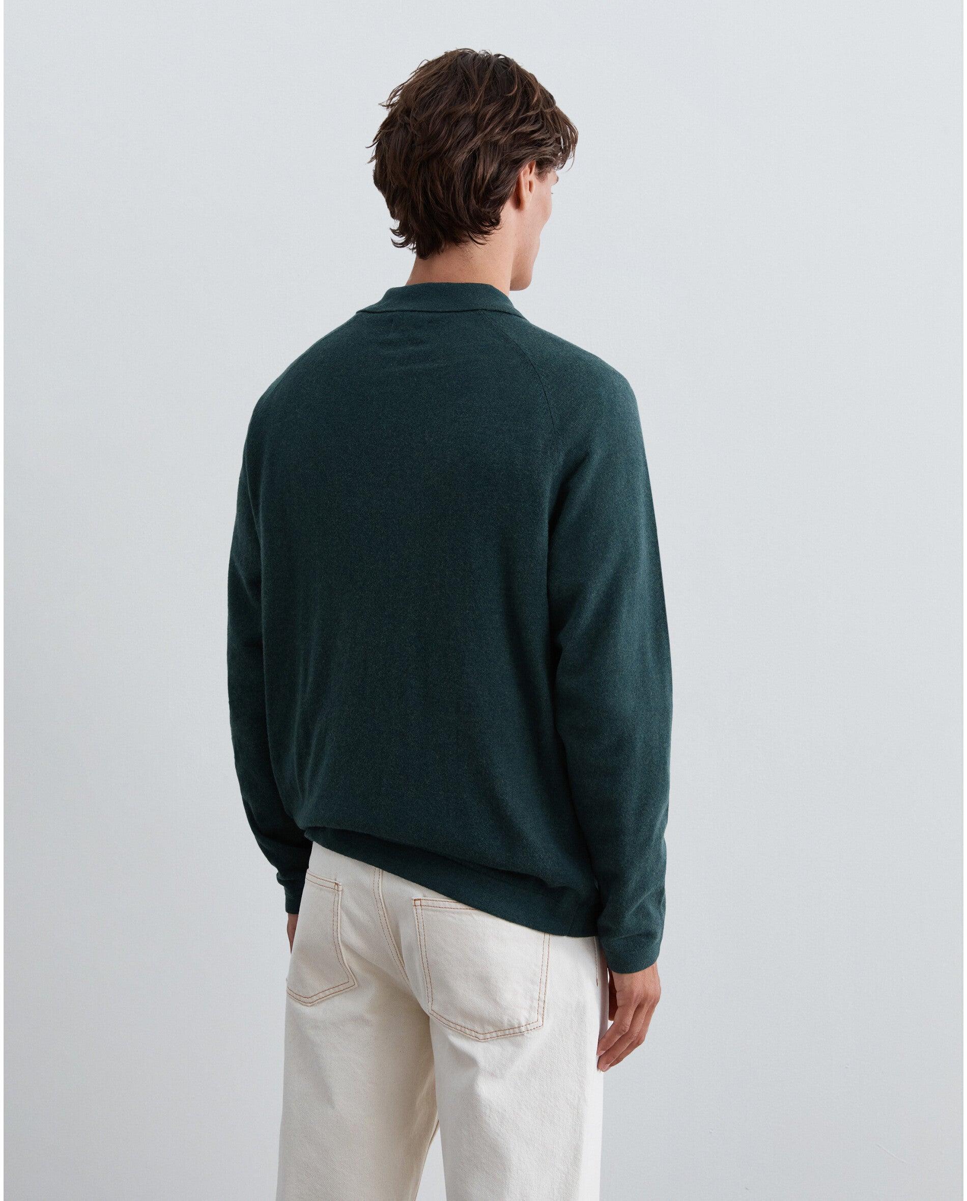 Camisola de Lã Merino com Gola Polo Verde-escuro-2