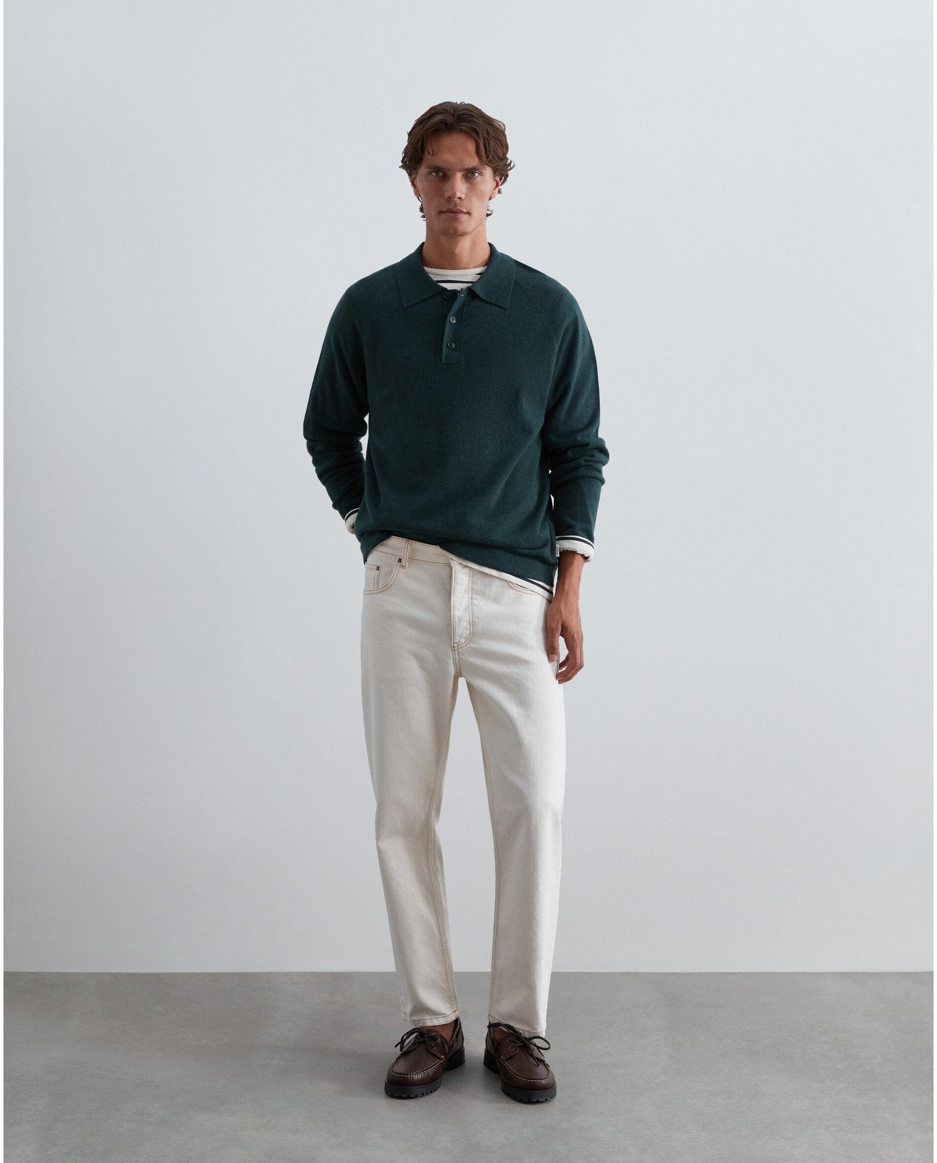 Camisola de Lã Merino com Gola Polo Verde-escuro-3