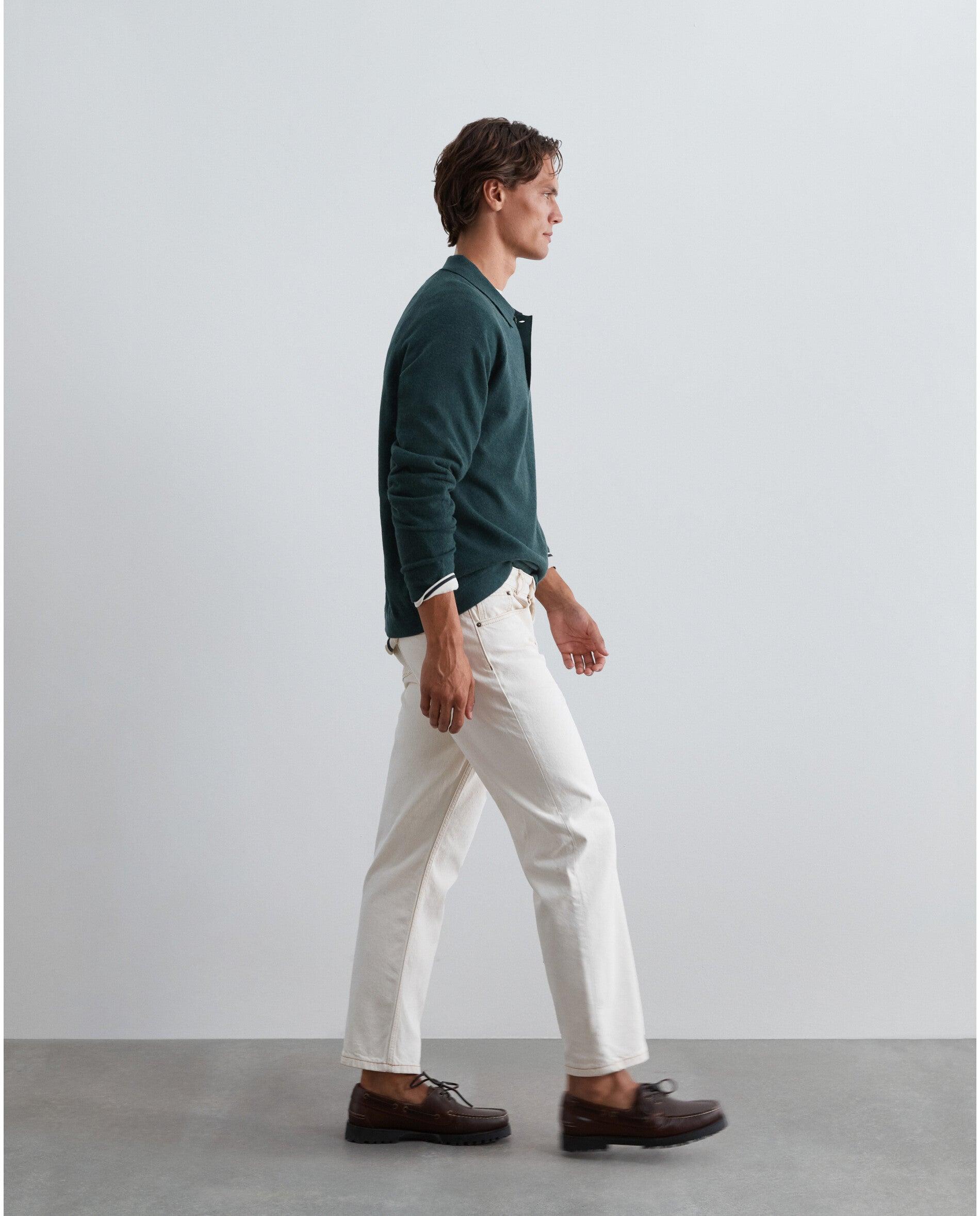 Camisola de Lã Merino com Gola Polo Verde-escuro-4