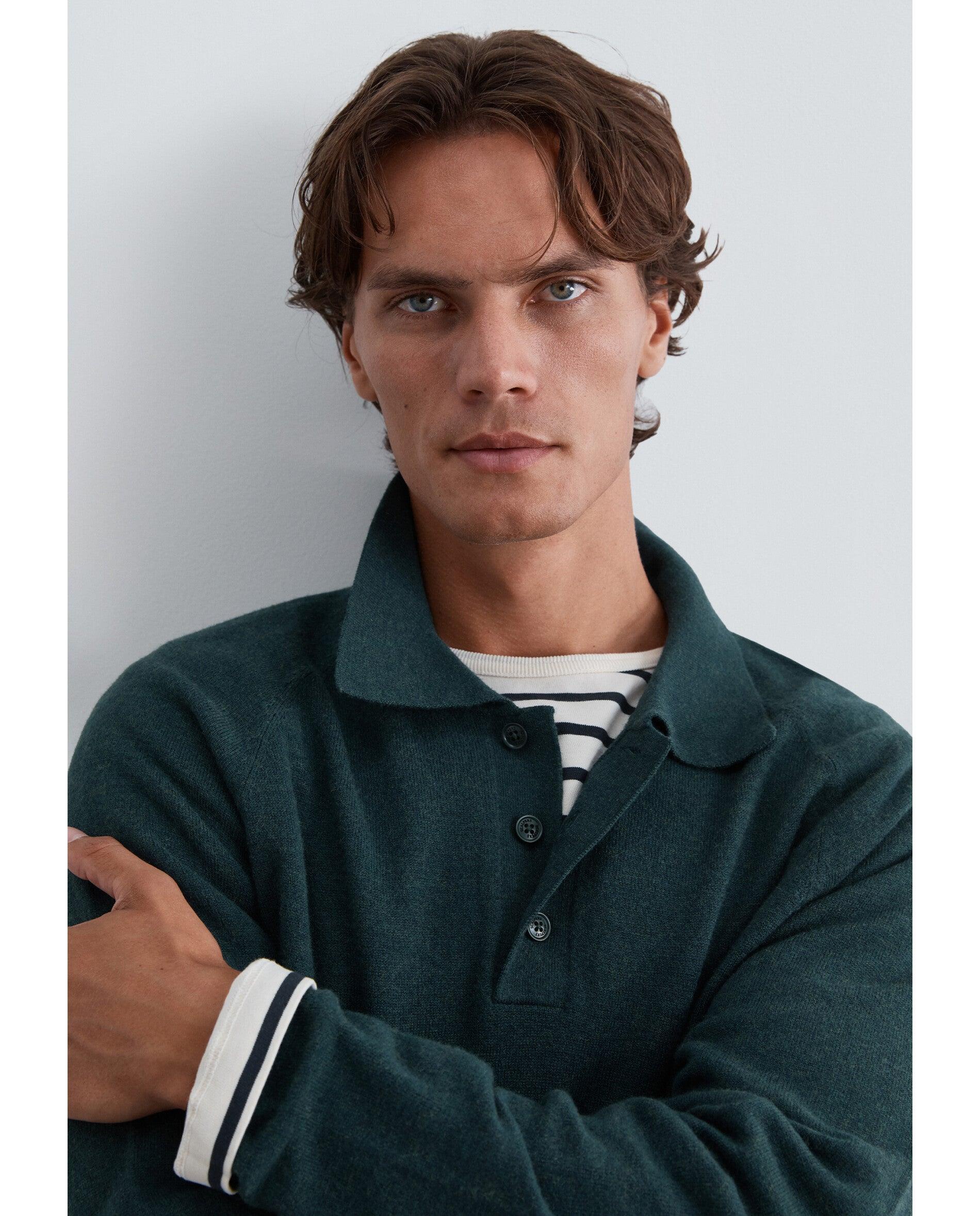 Camisola de Lã Merino com Gola Polo Verde-escuro-5