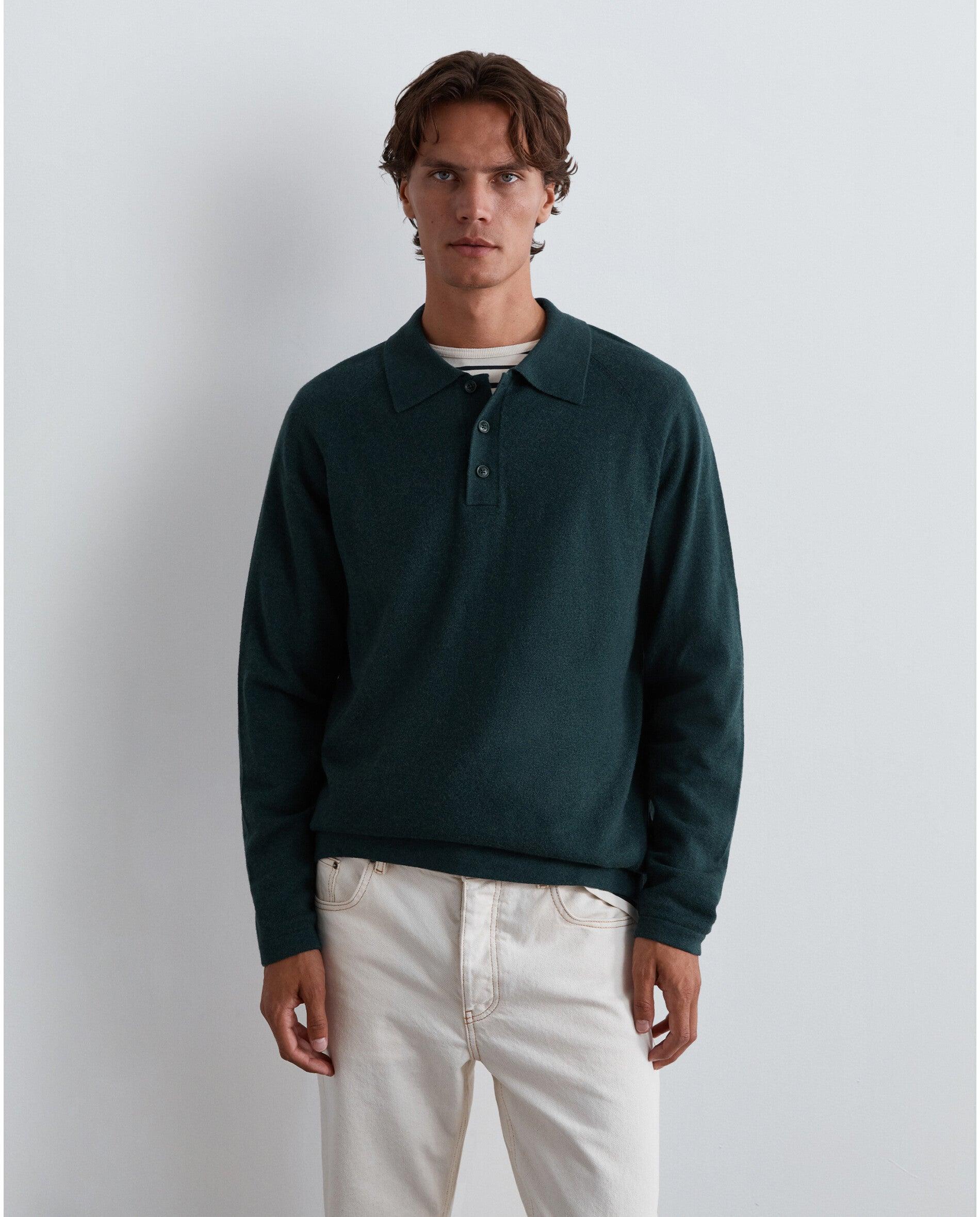 Camisola de Lã Merino com Gola Polo Verde-escuro-6