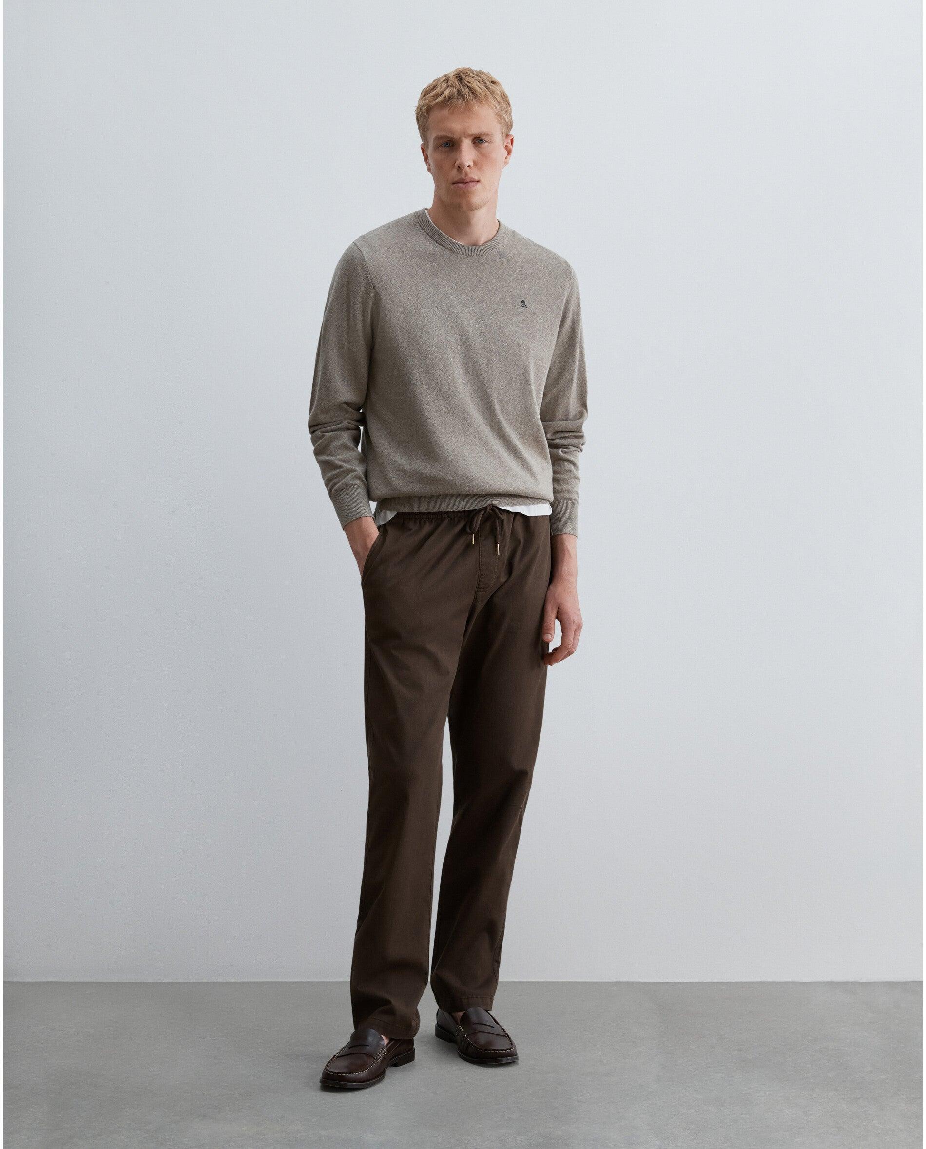 Camisola de Malha com Gola Redonda e Acabamentos em Rib Taupe-3