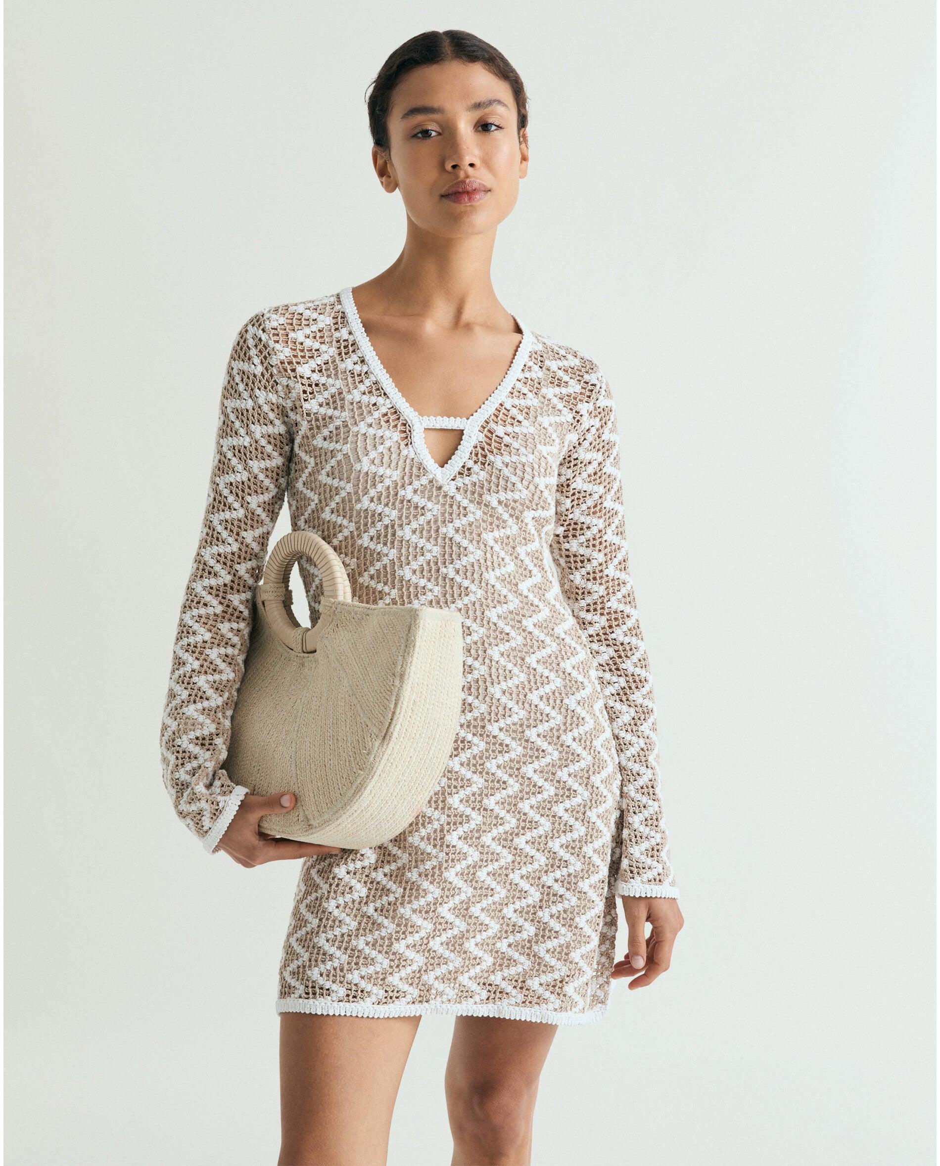 Vestido em Crochet com Forro de Manga Comprida Natural-2