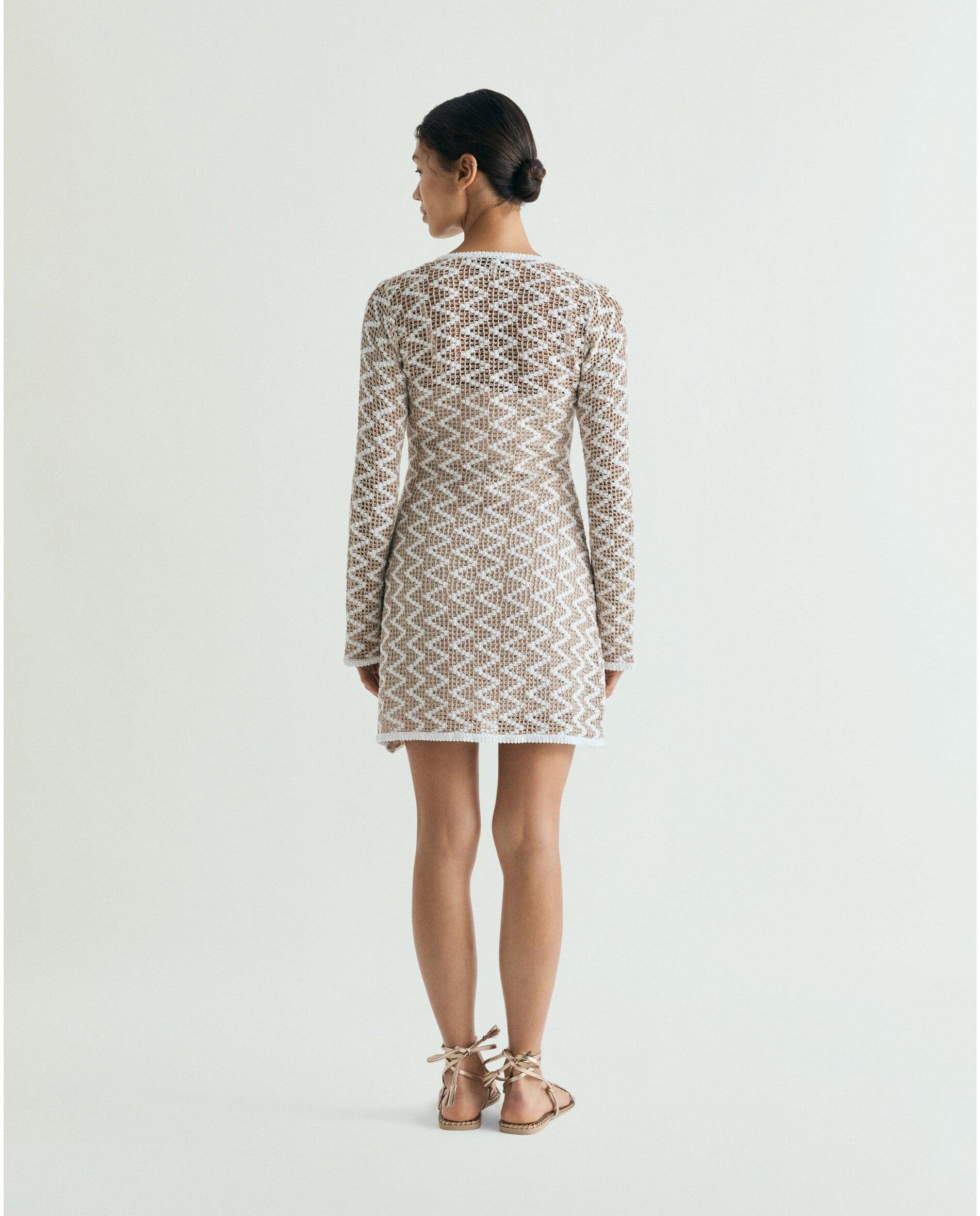 Vestido em Crochet com Forro de Manga Comprida Natural-3