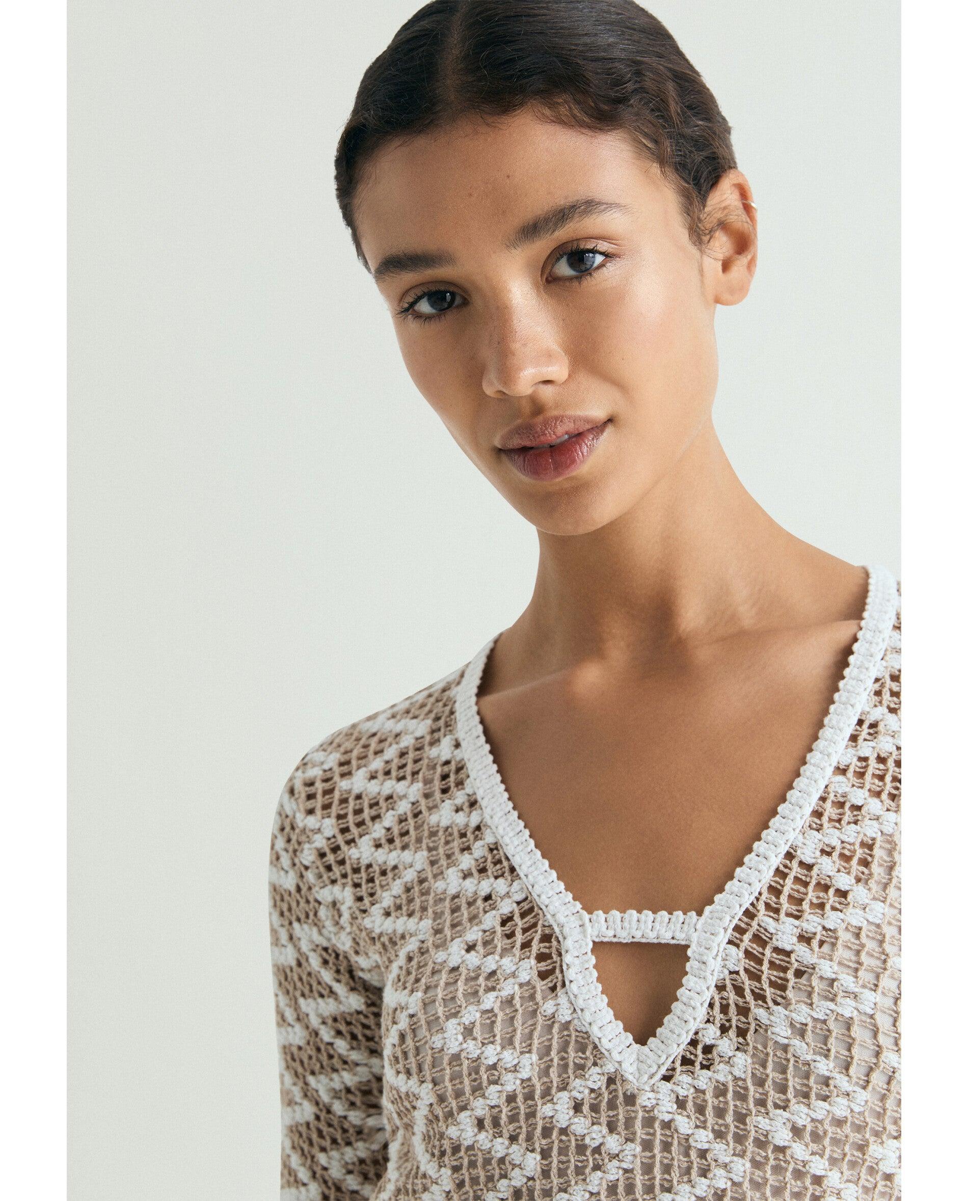 Vestido em Crochet com Forro de Manga Comprida Natural-4