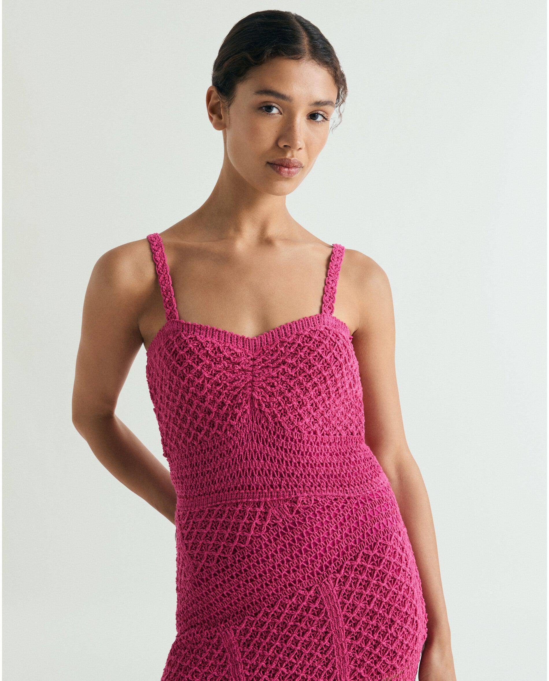 Vestido de Malha Crochet Midi de Alças Fúcsia-2