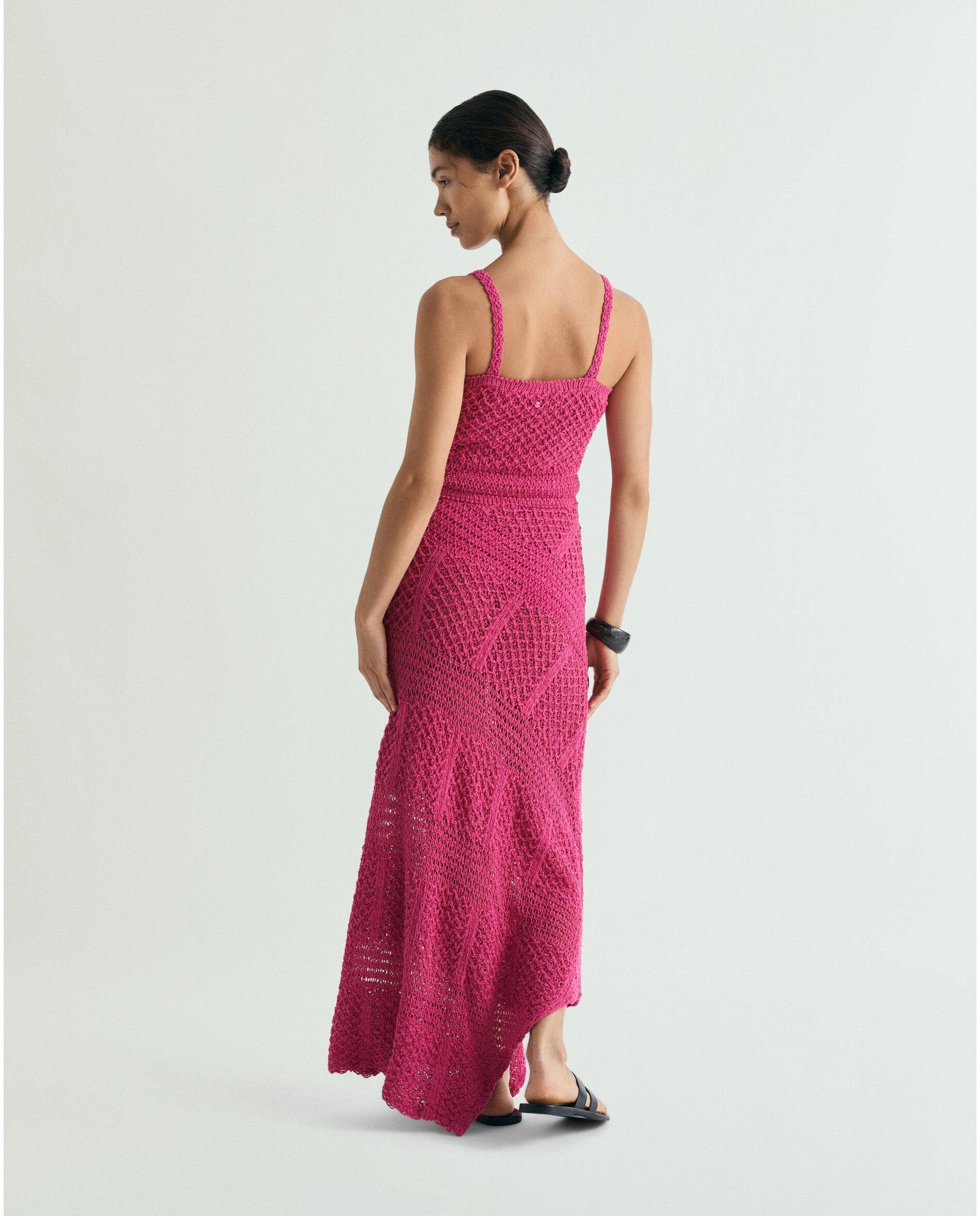 Vestido de Malha Crochet Midi de Alças Fúcsia-3