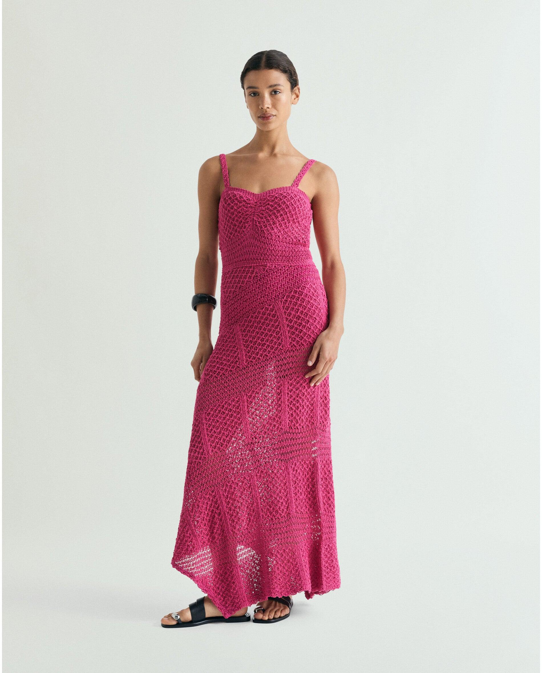 Vestido de Malha Crochet Midi de Alças Fúcsia-1
