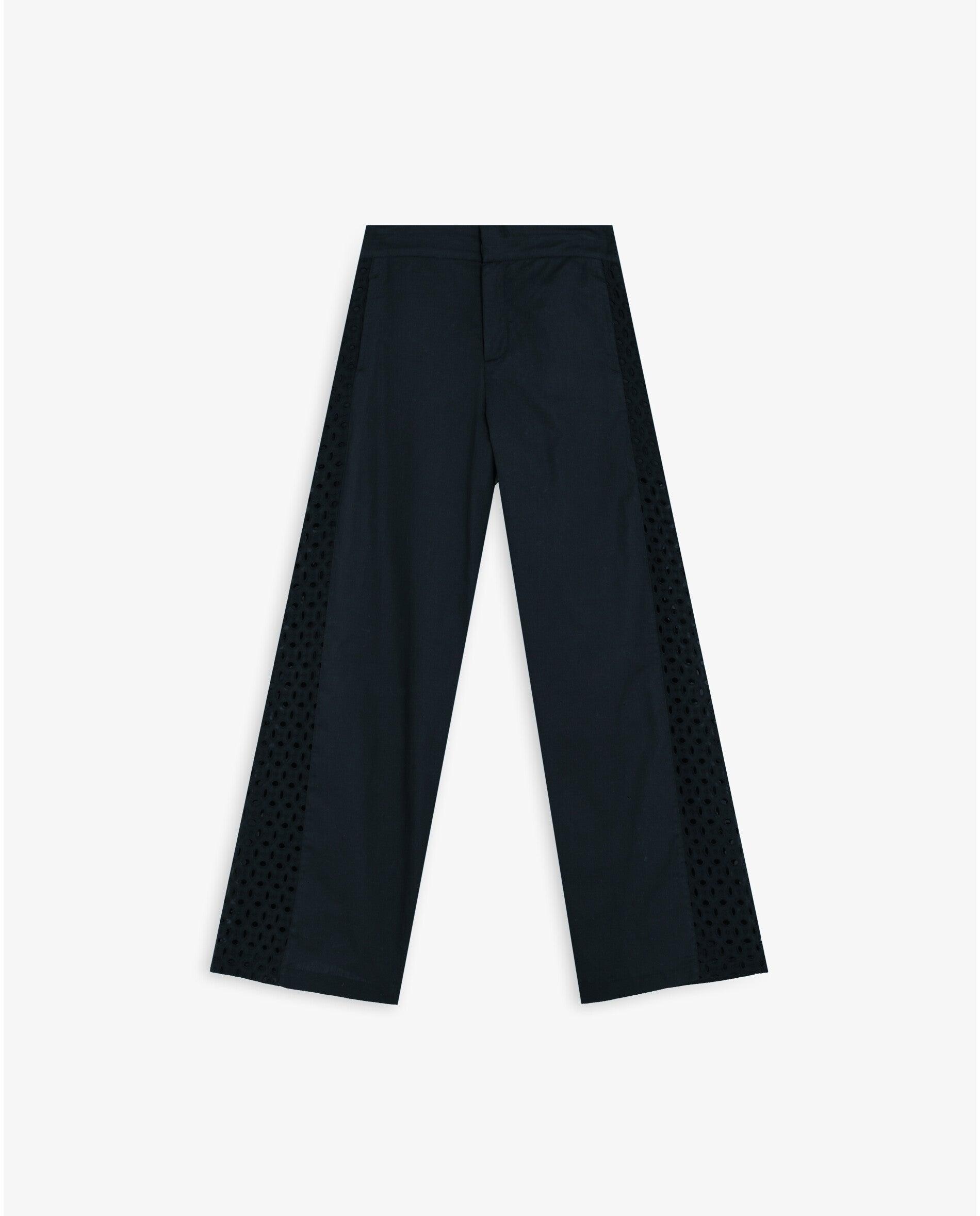 Calças com Corte a Direito Relaxed Fit com Franjas Laterais em Tecido Bordado Preto-5