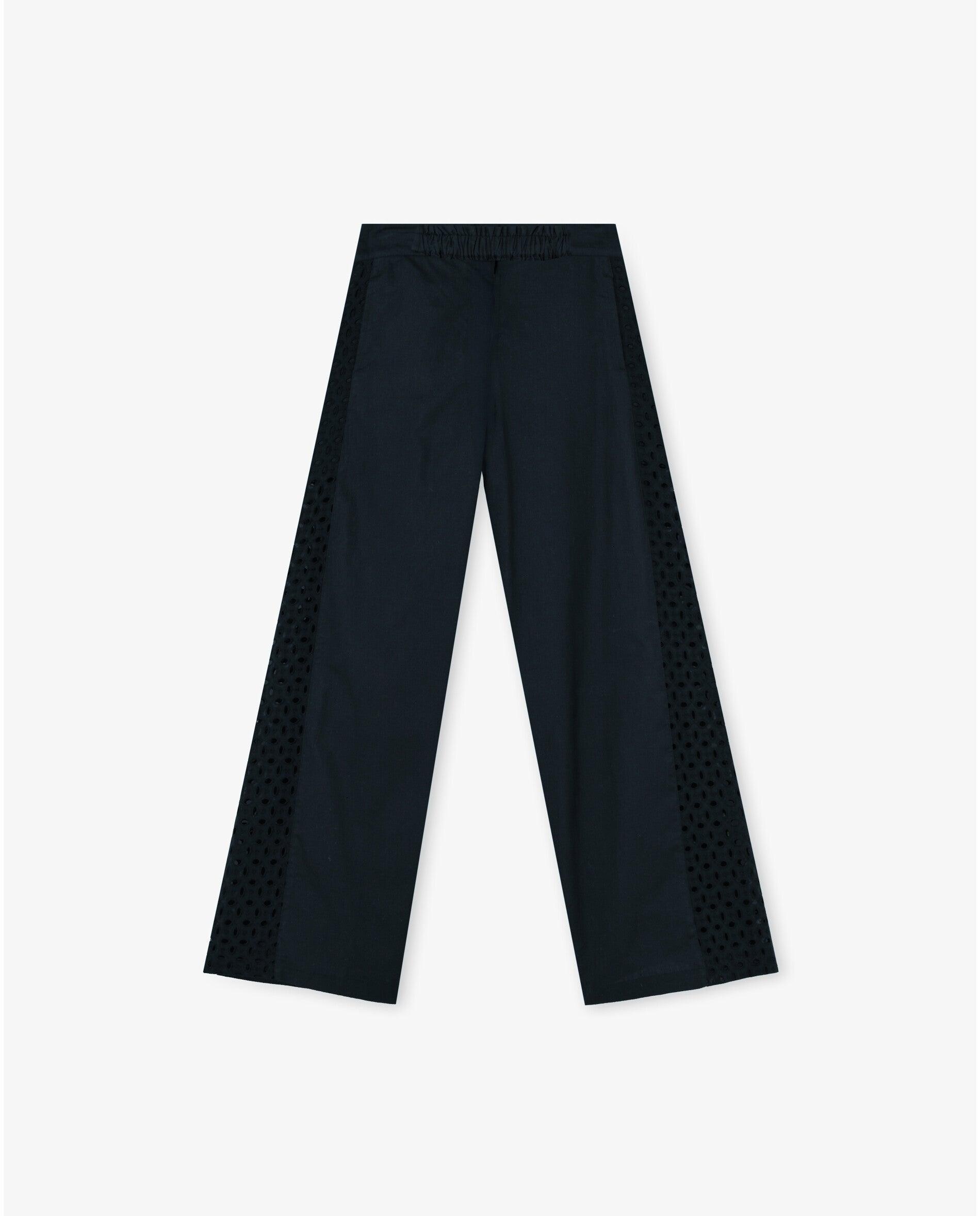 Calças com Corte a Direito Relaxed Fit com Franjas Laterais em Tecido Bordado Preto-6