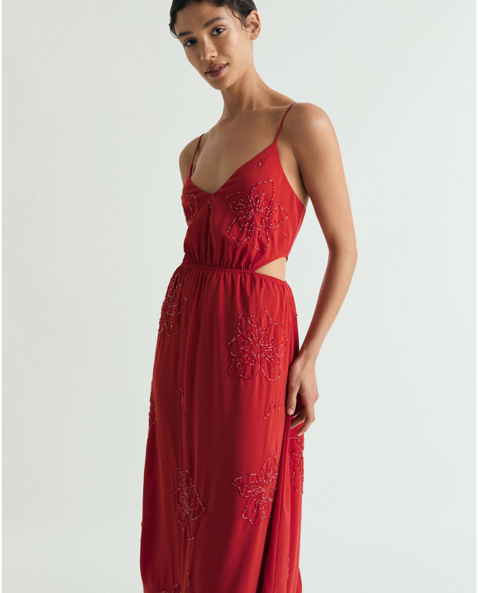 Vestido Midi de Alças com Abalorios Vermelho-2