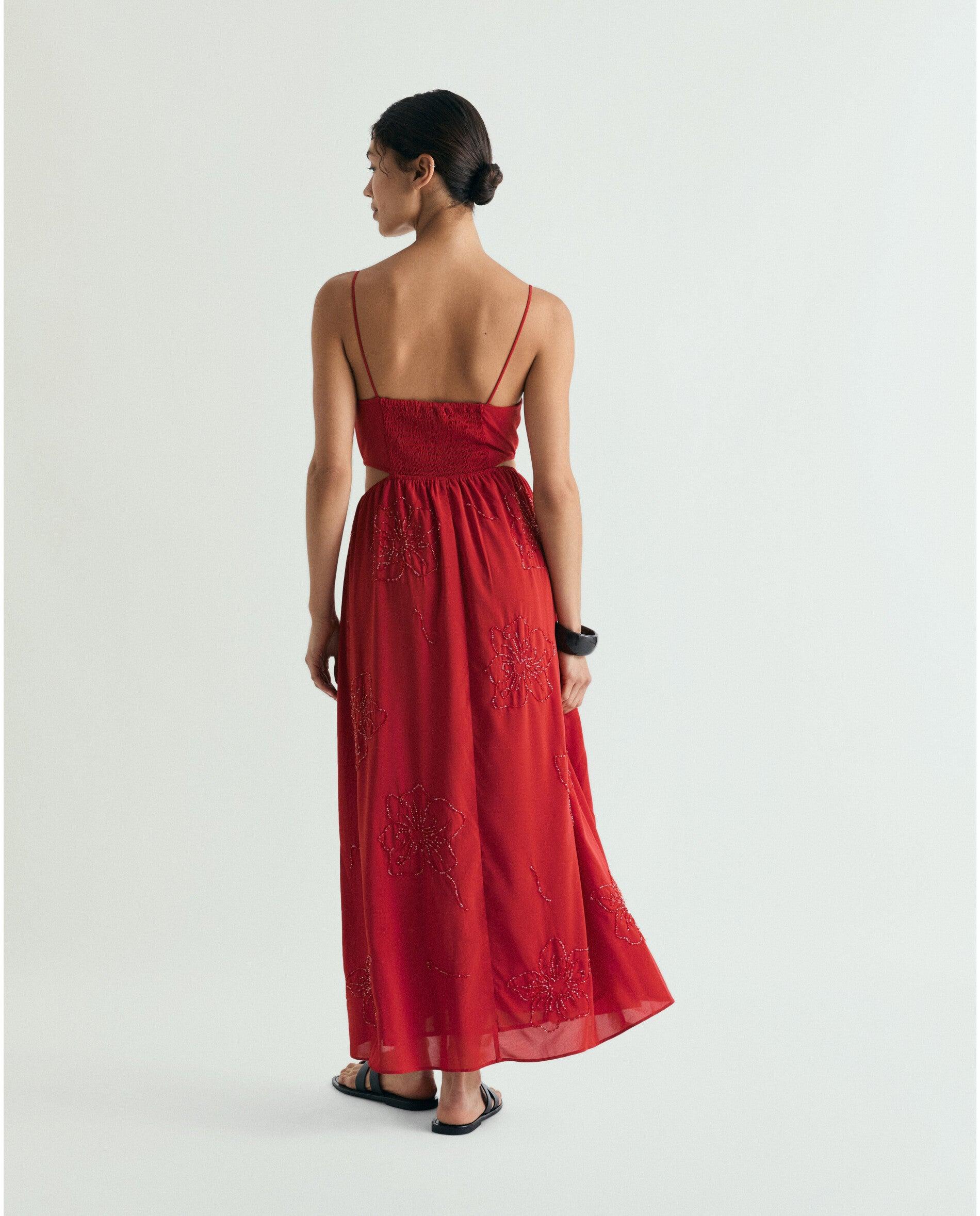 Vestido Midi de Alças com Abalorios Vermelho-3