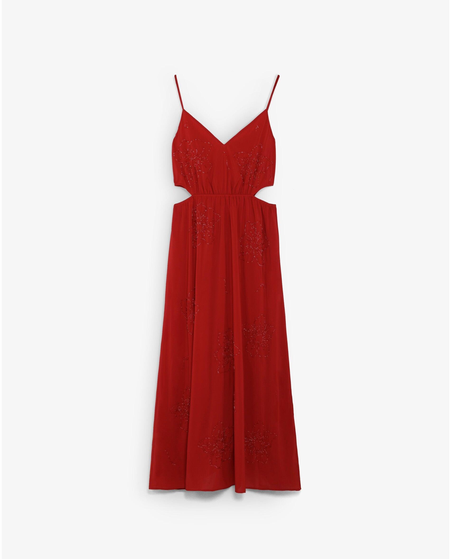 Vestido Midi de Alças com Abalorios Vermelho-4