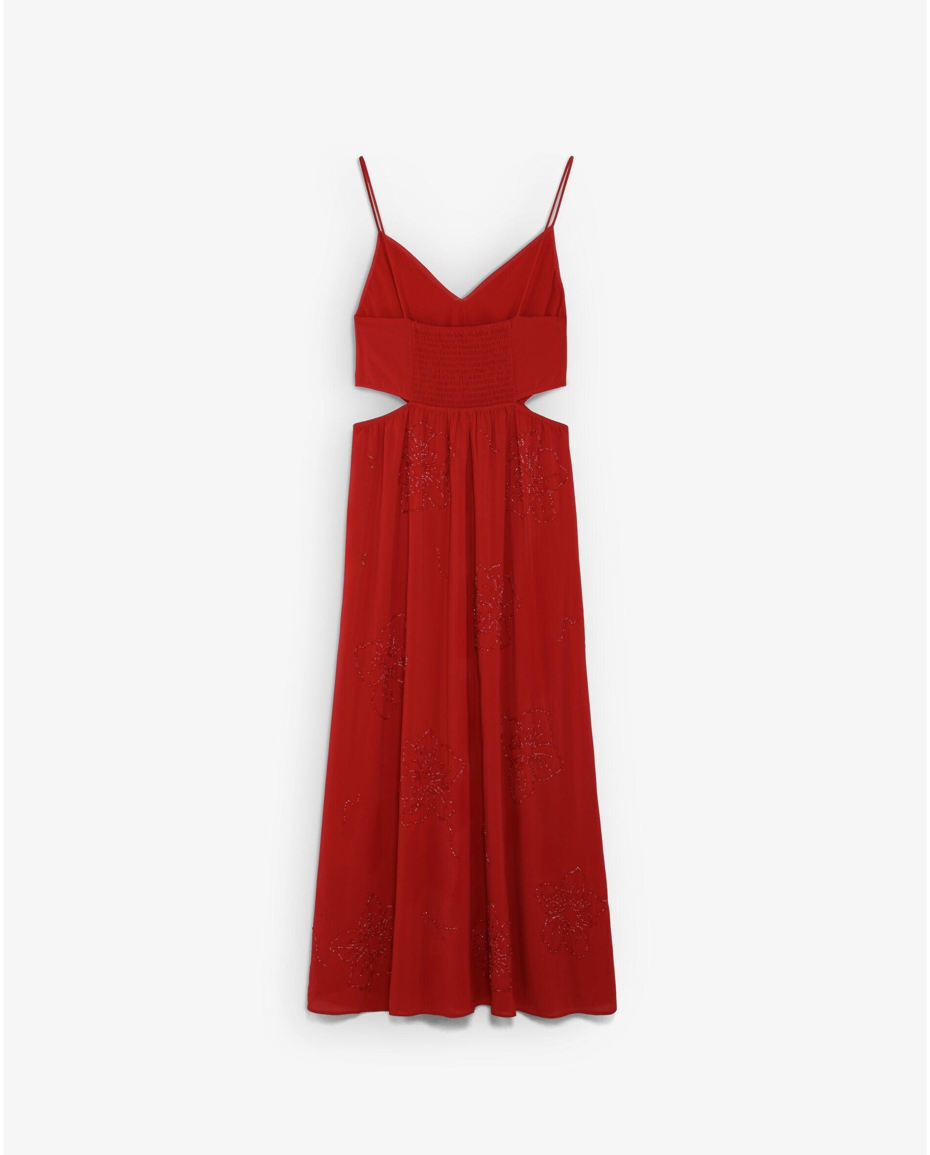 Vestido Midi de Alças com Abalorios Vermelho-5