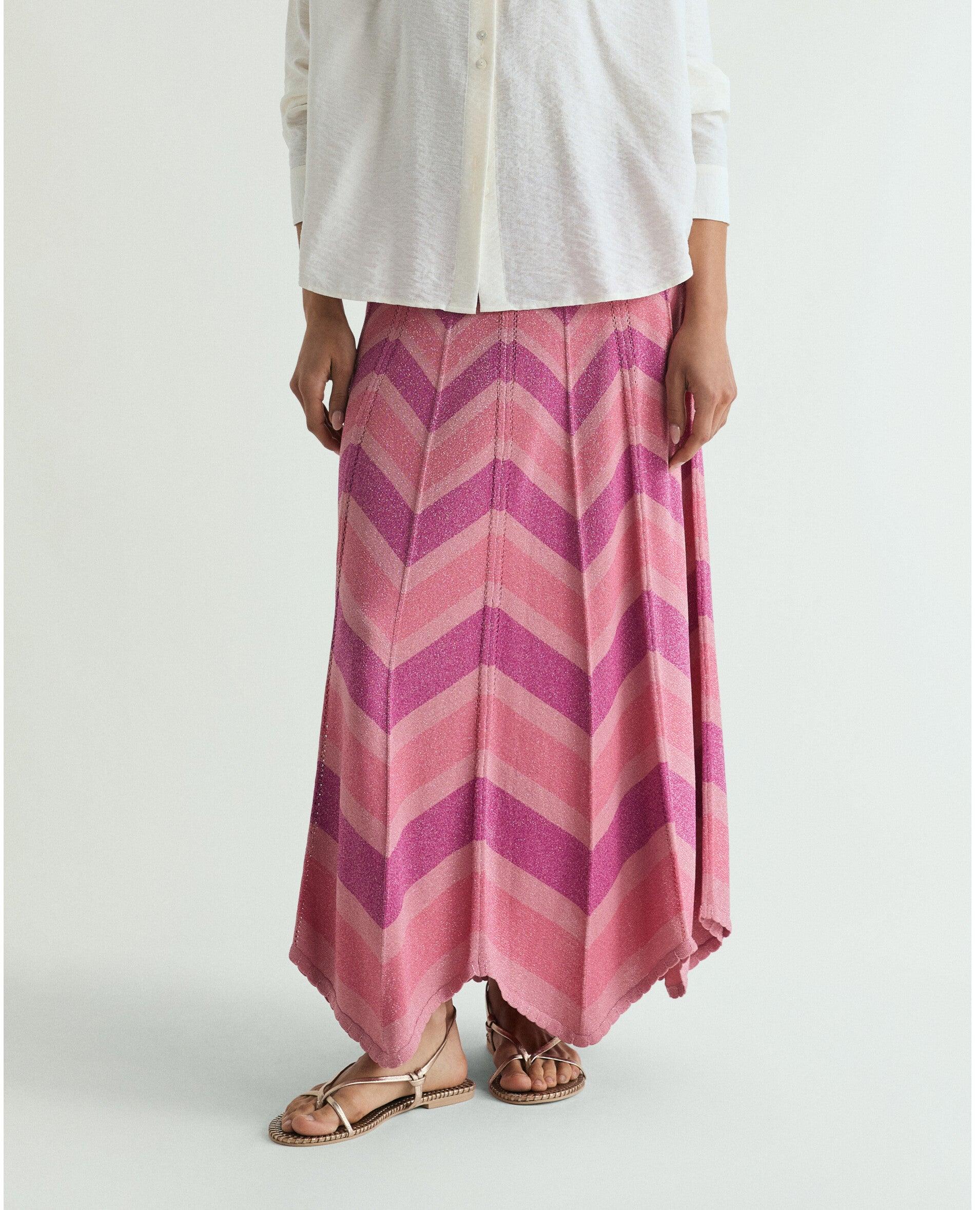 Saia de Malha Midi com Estampado em Ziguezague Rosa-2