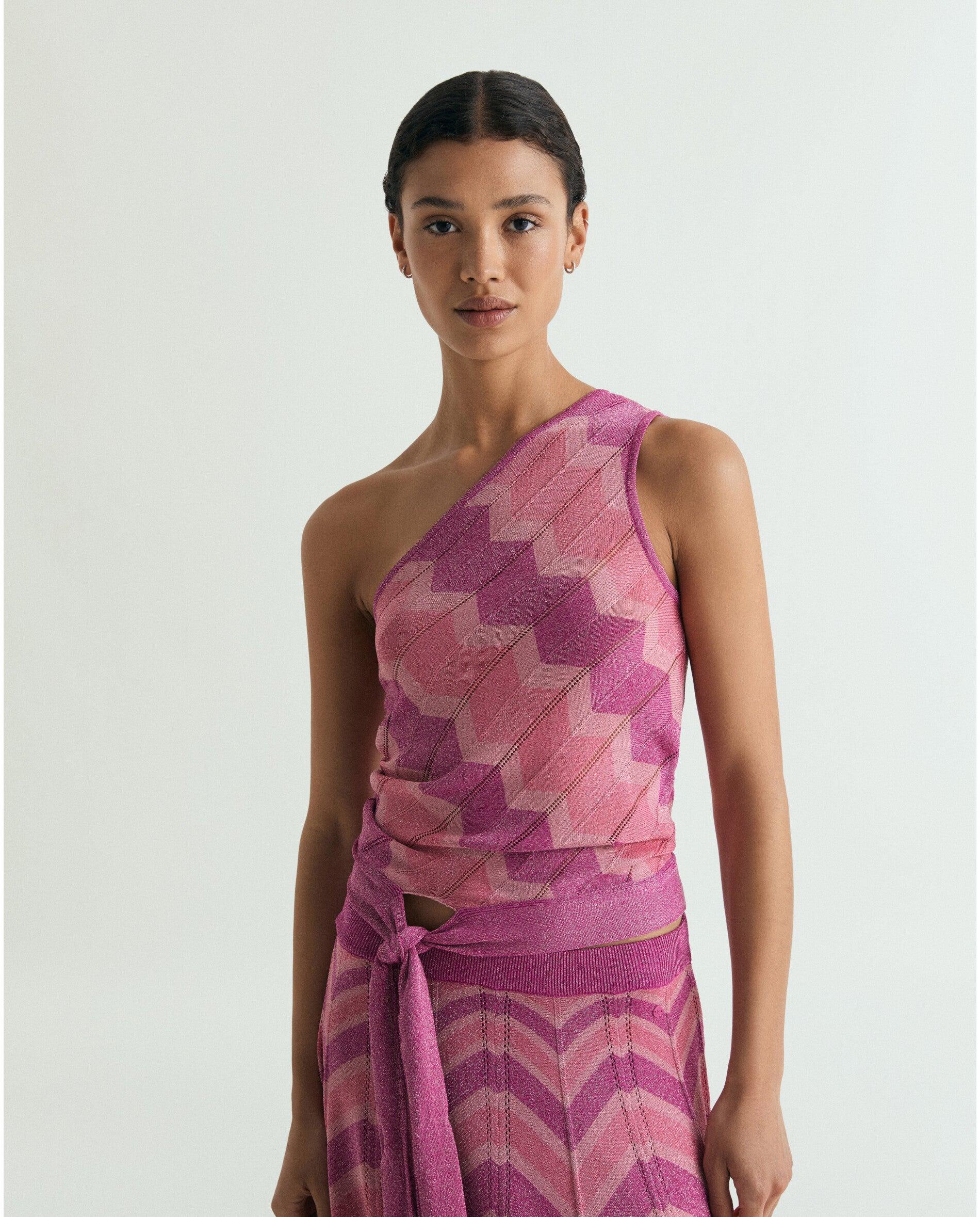 Top de Malha Assimétrico com Estampado em Zigzag Rosa-1