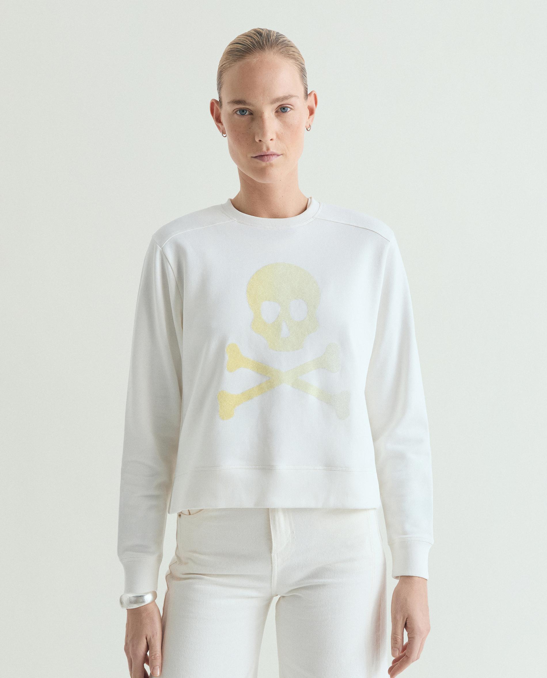 Sweatshirt com Gola Redonda e Caveira Frontal Marfim-1