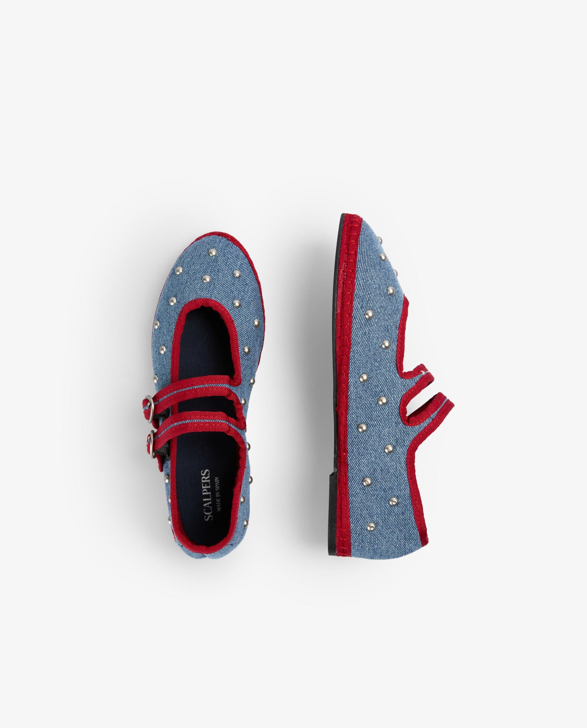 Merceditas em Tecido Efeito Denim com Tachas Azul-8