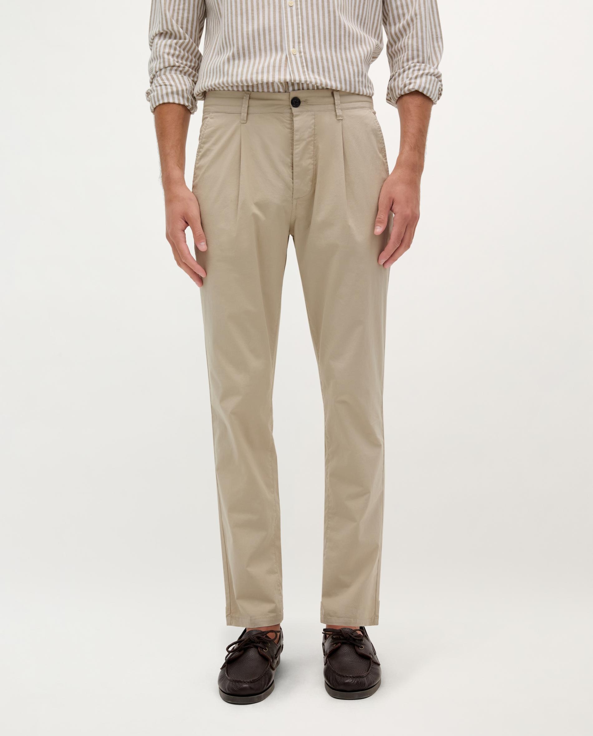 Calças Chino com Pinças e Presilhas Bege-2