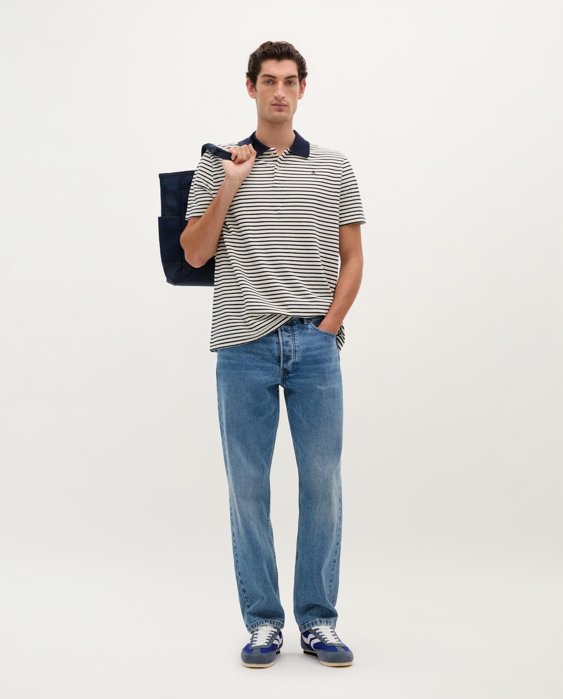 Polo de Manga Curta Às Riscas de Algodão Navy-2