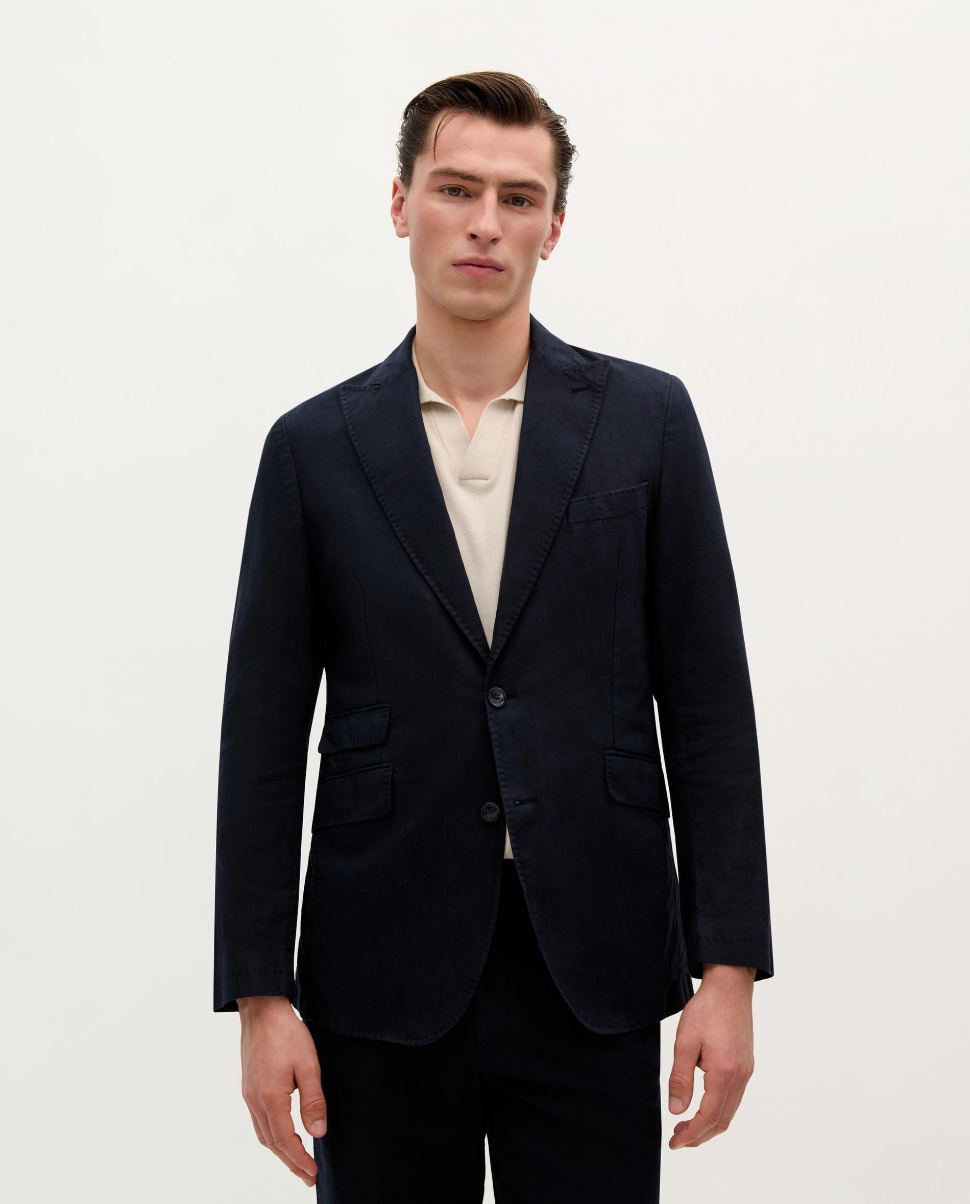 Fato Regular Fit em Mescla de Algodão e Linho Liso Navy-2