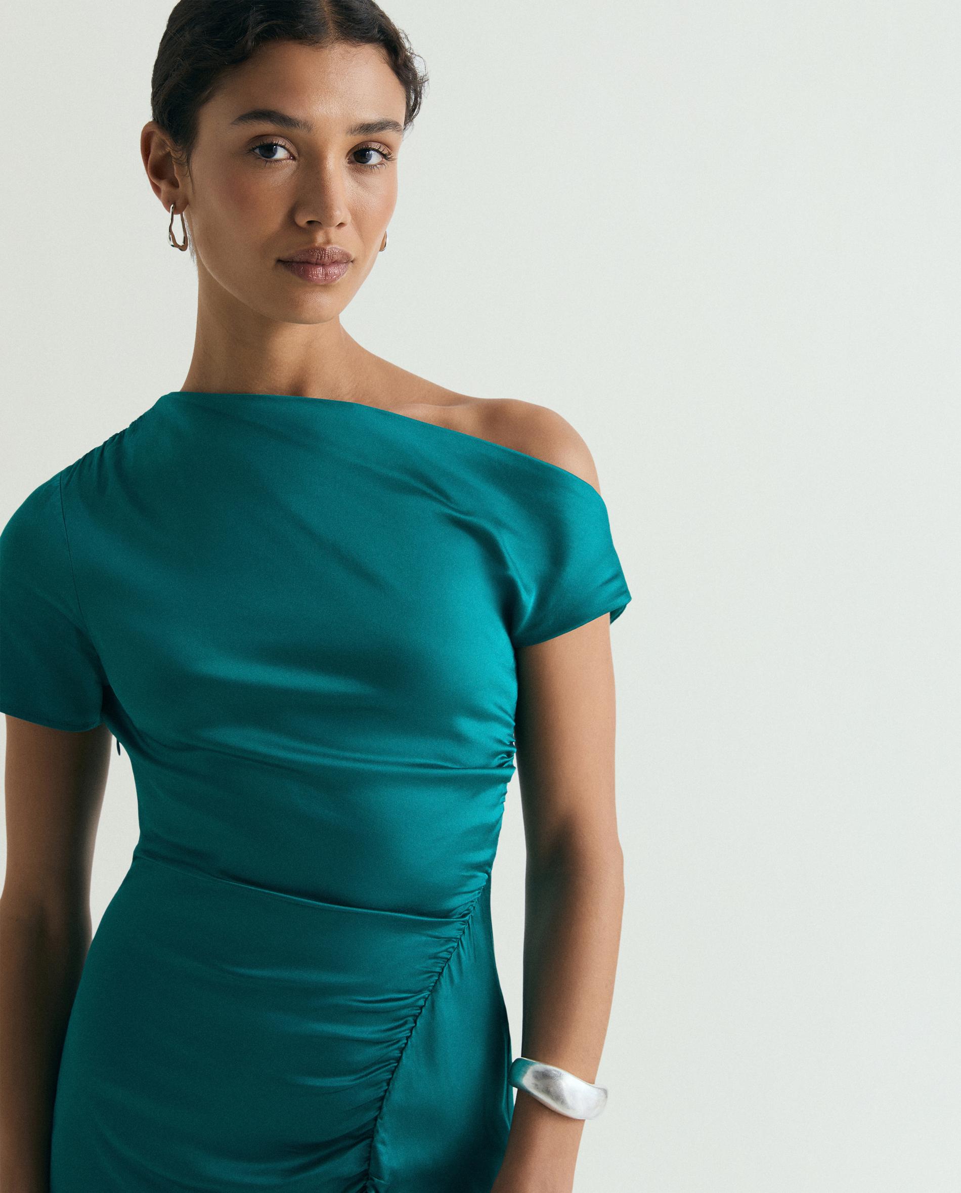 Vestido Midi Drapeado com Decote Assimétrico Verde-2