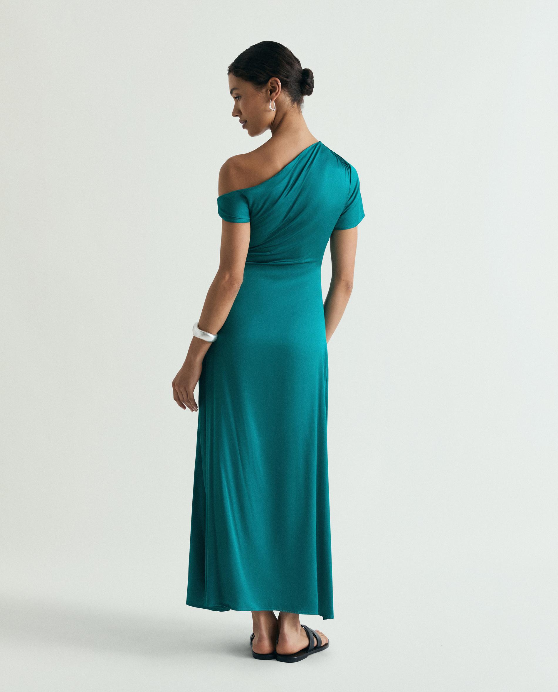 Vestido Midi Drapeado com Decote Assimétrico Verde-3