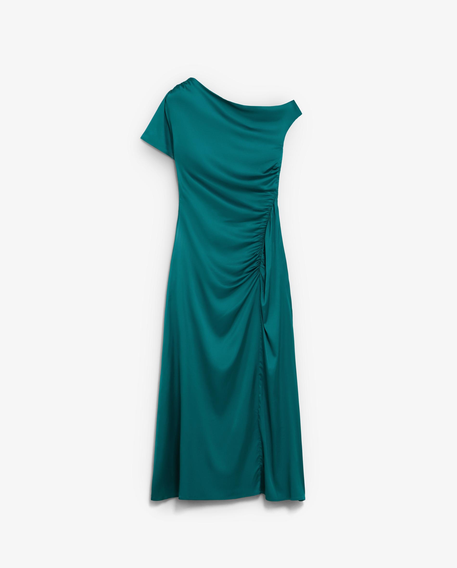 Vestido Midi Drapeado com Decote Assimétrico Verde-4