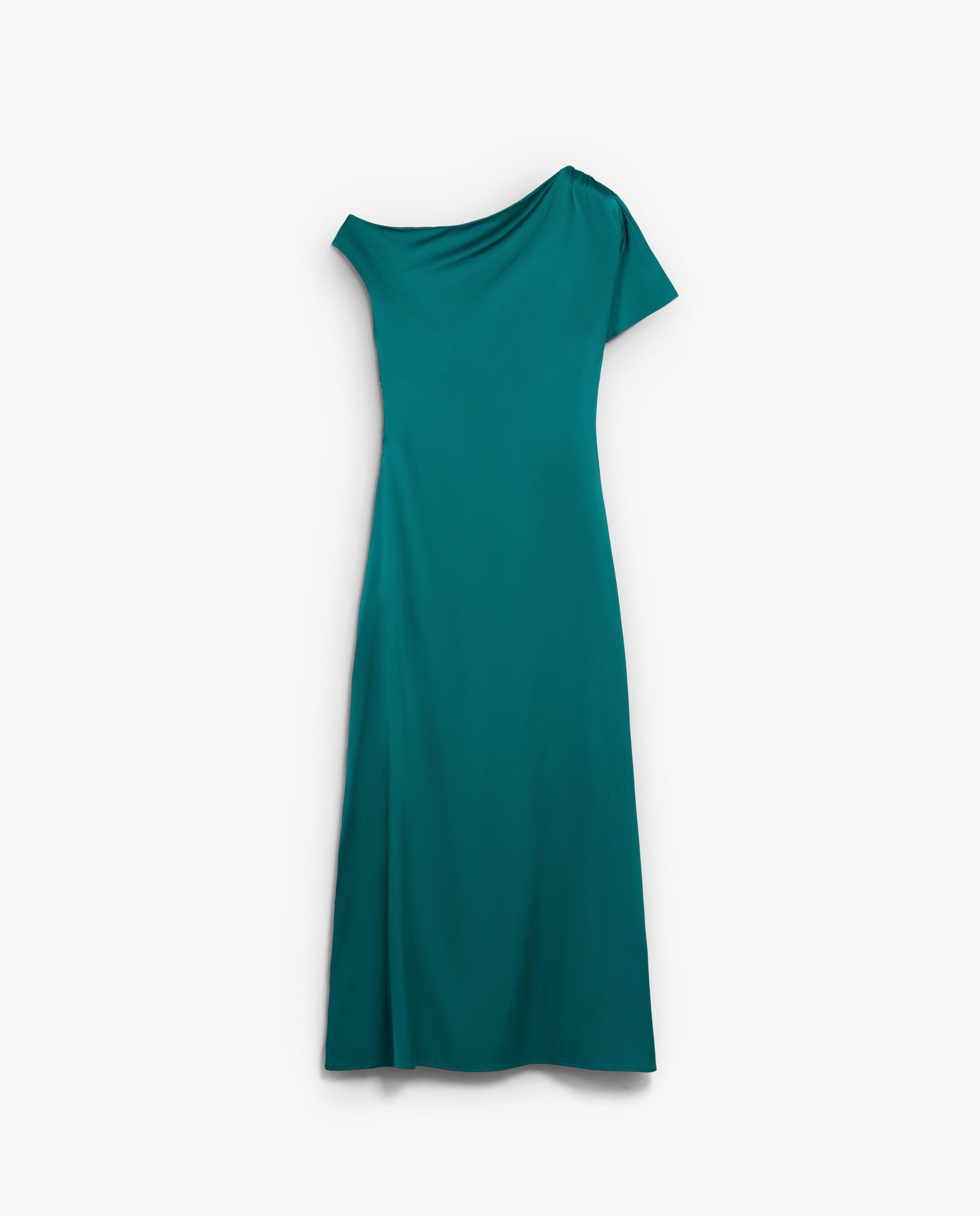 Vestido Midi Drapeado com Decote Assimétrico Verde-5