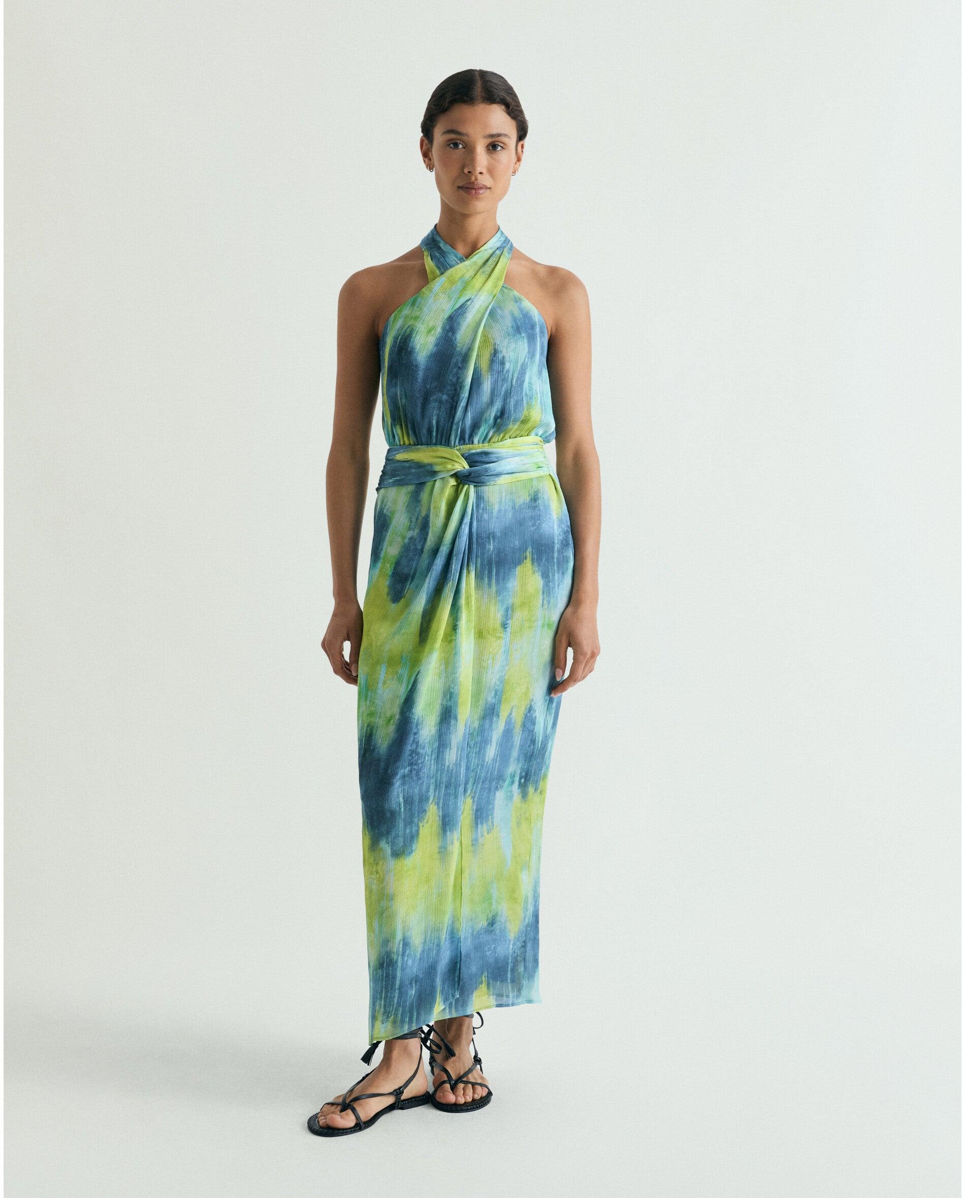 Vestido Midi Tie-dye com Decote Halter Cruzado Multicolor-1