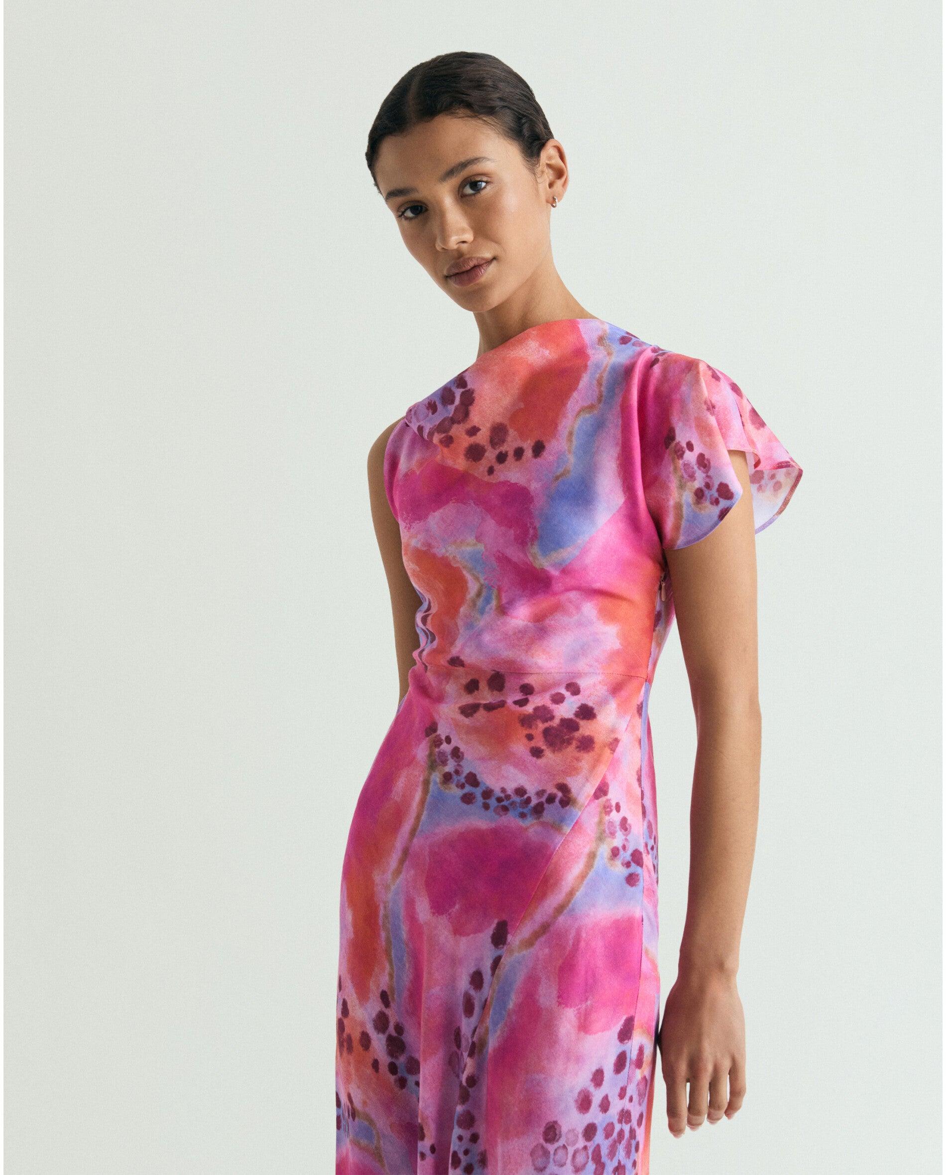 Vestido Midi Estampado em Tecido Acetinado Rosa-2