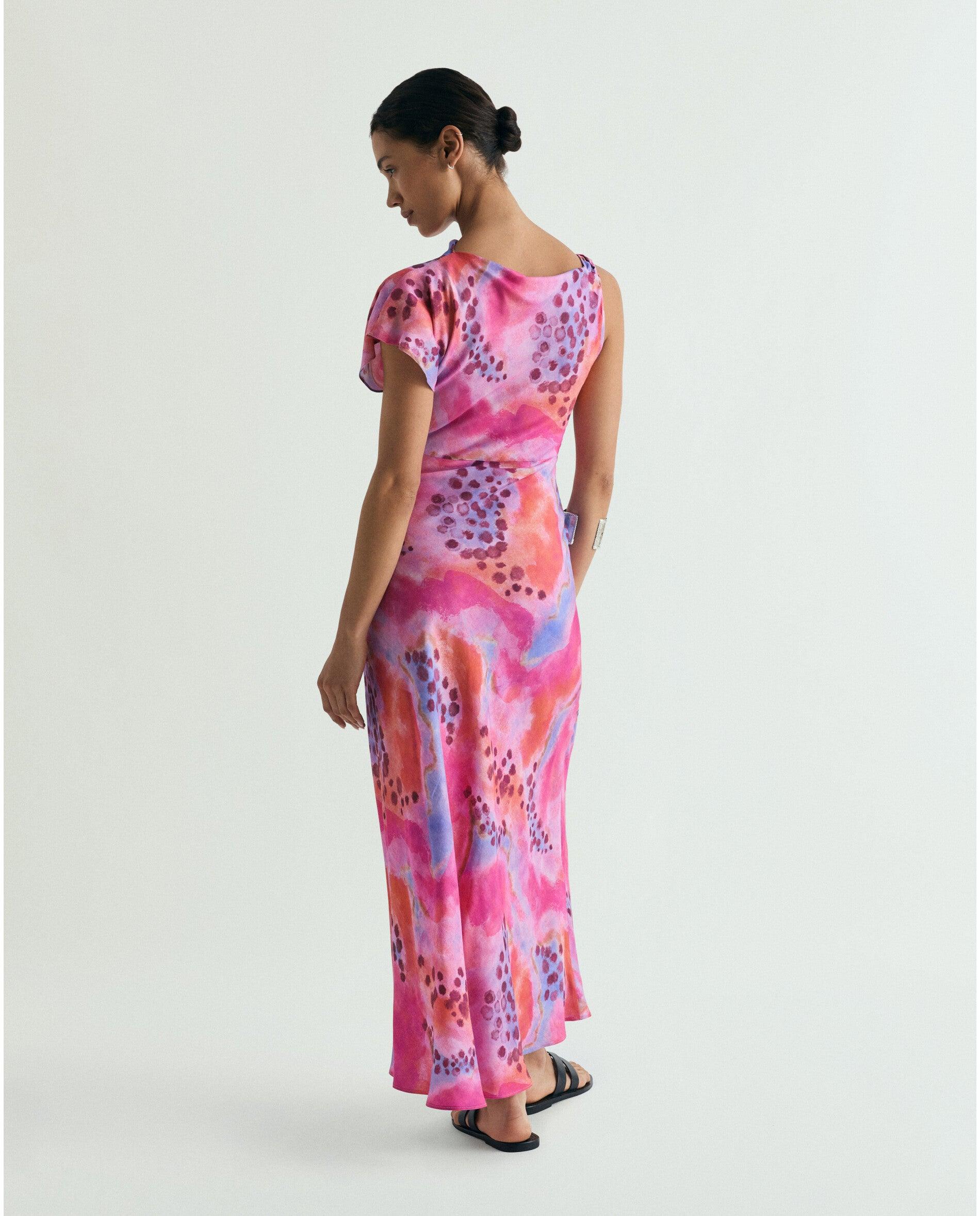 Vestido Midi Estampado em Tecido Acetinado Rosa-3