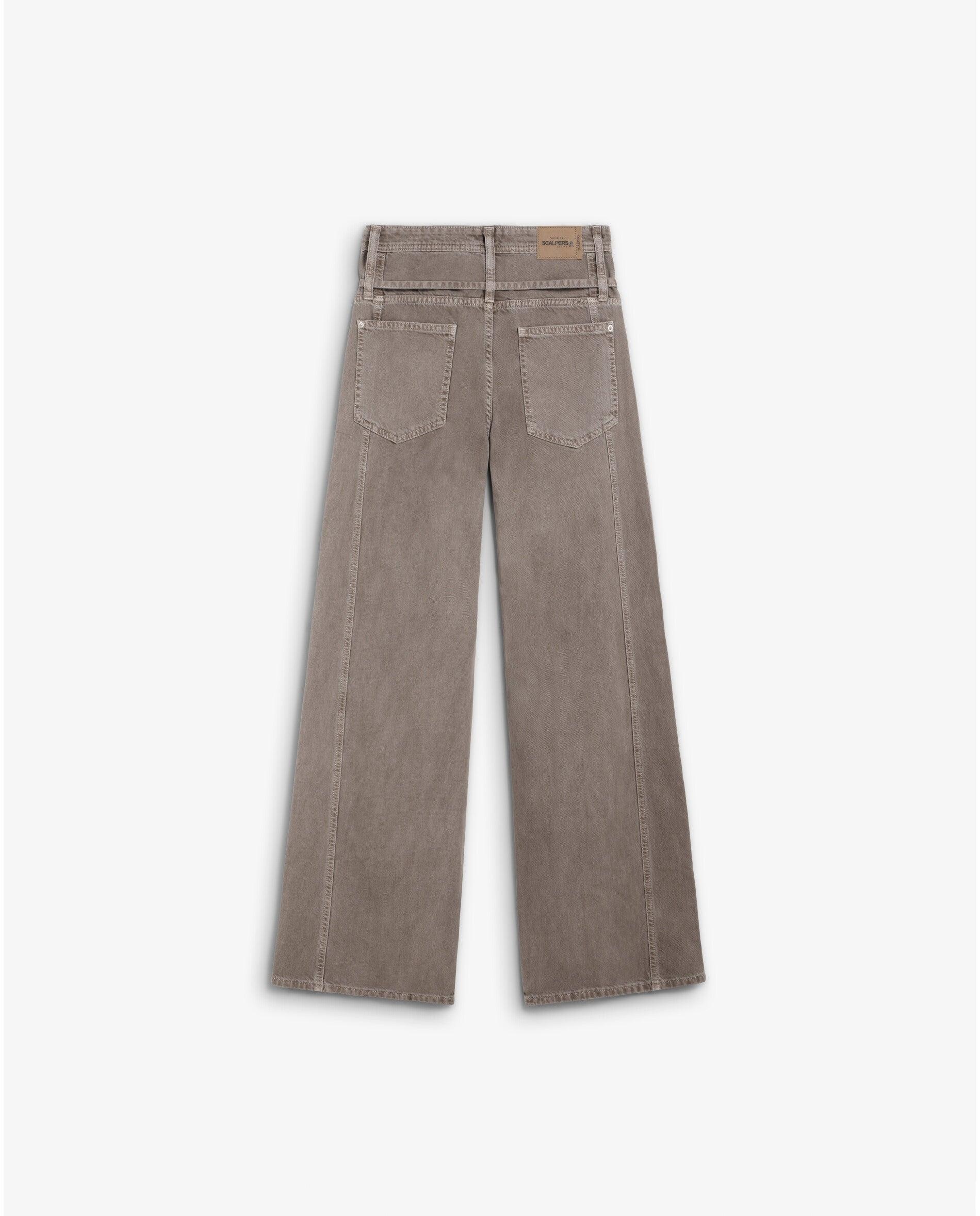 Jeans com Corte a Direito com Costuras Decorativas e Cordão de Ajuste Taupe-2