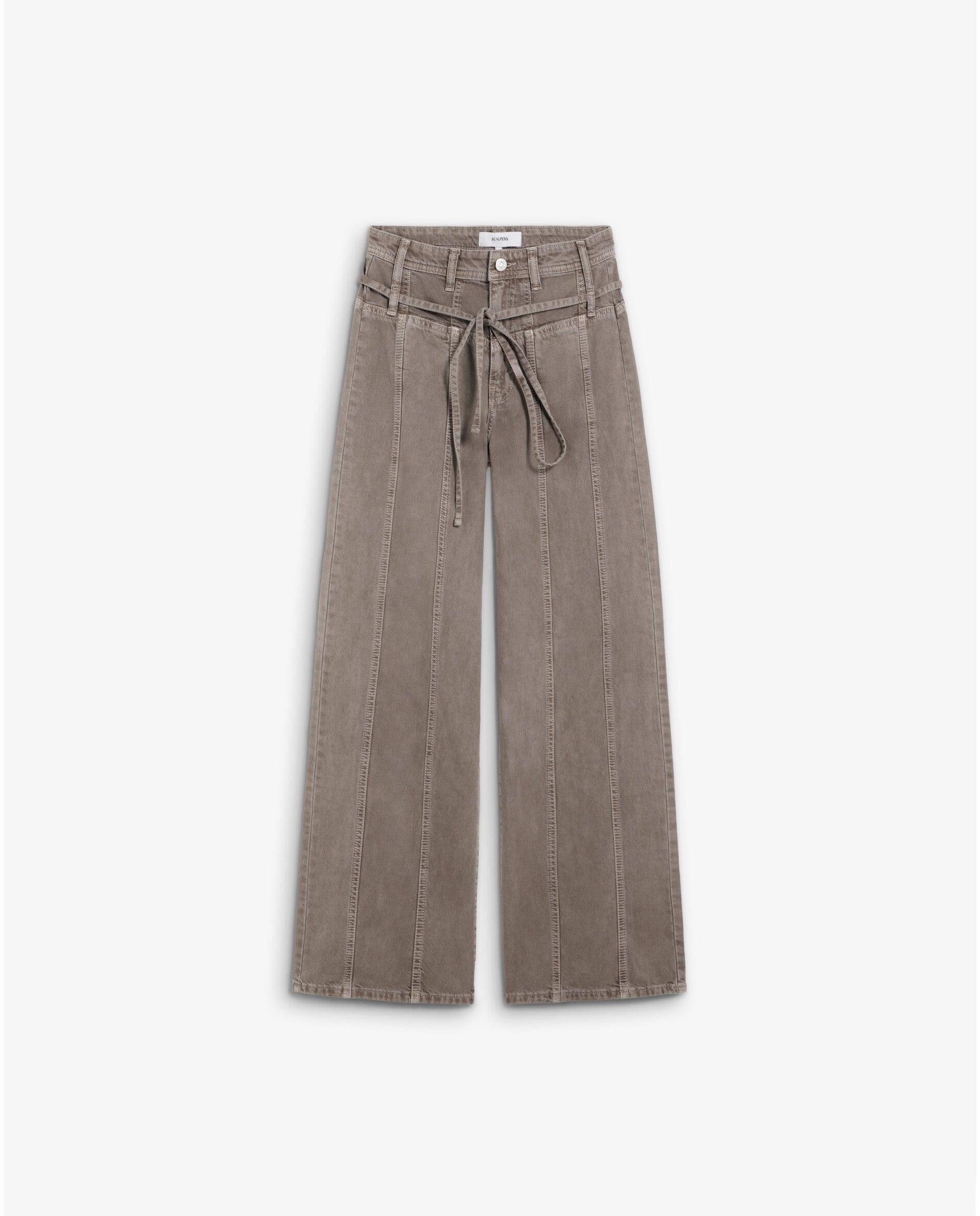 Jeans com Corte a Direito com Costuras Decorativas e Cordão de Ajuste Taupe-1