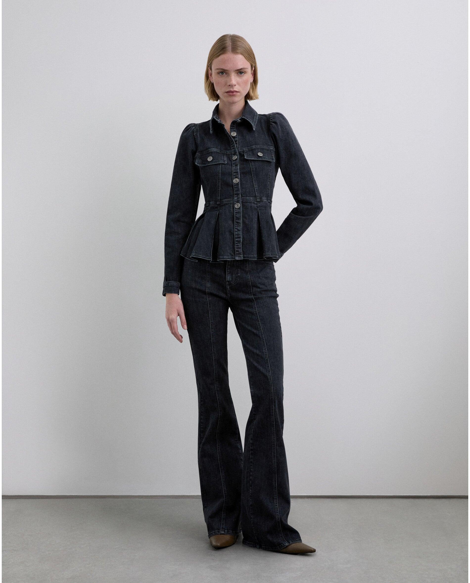 Camisa Denim com Mangas Ligeiramente Abalonadas Cinzento-escuro-3