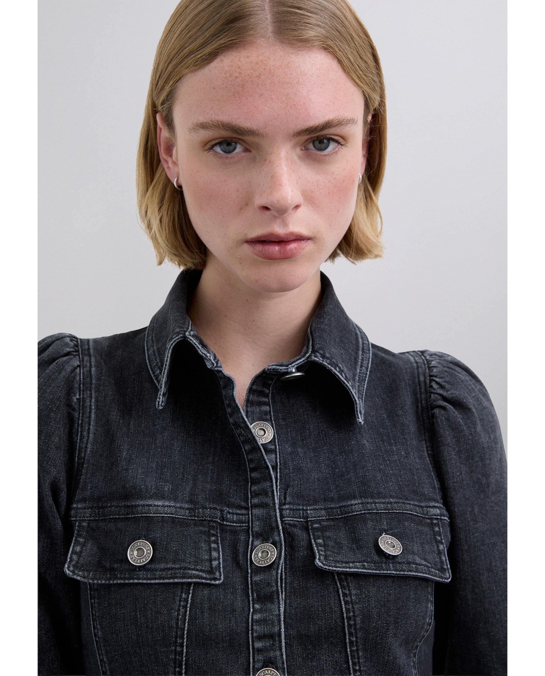 Camisa Denim com Mangas Ligeiramente Abalonadas Cinzento-escuro-6