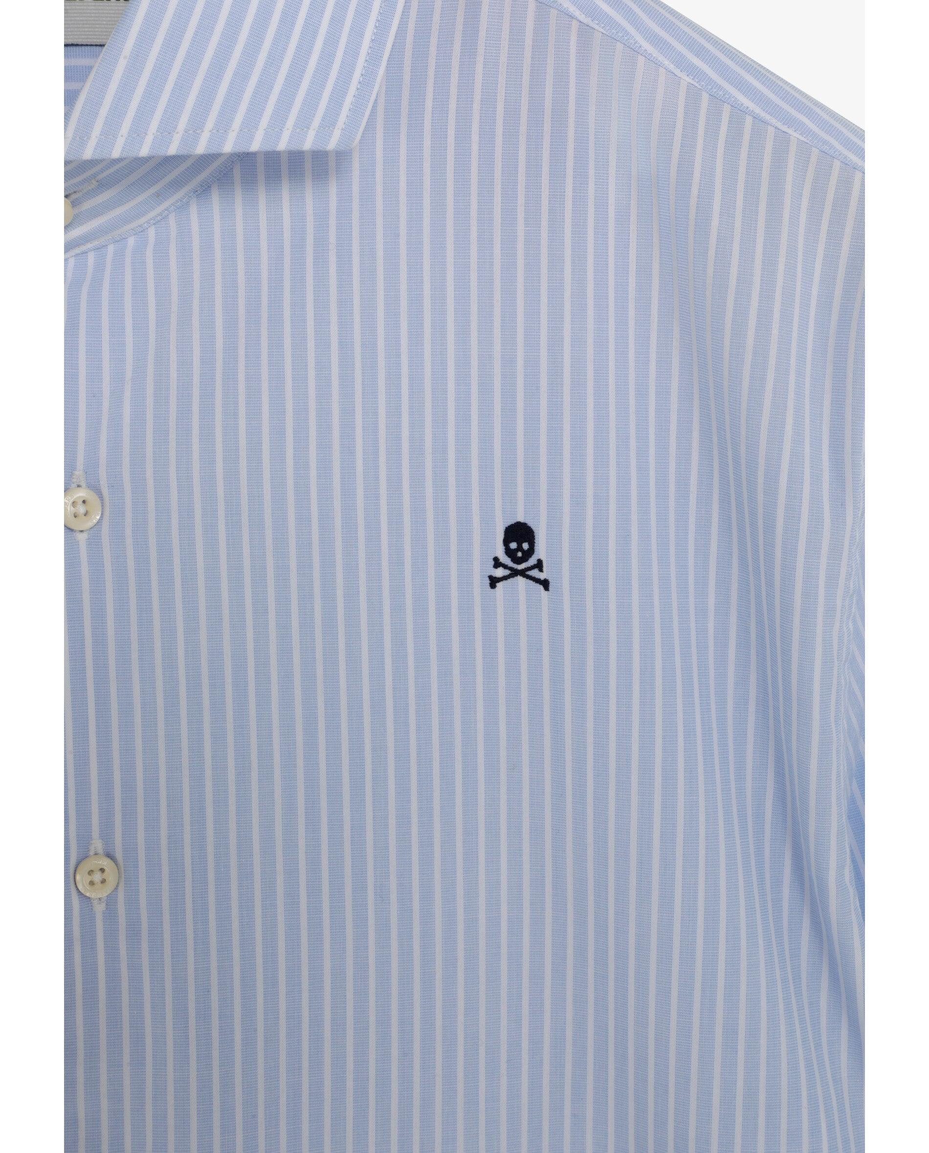 Camisa Regular Fit Às Riscas com Caveira Bordada no Peito Azul-3